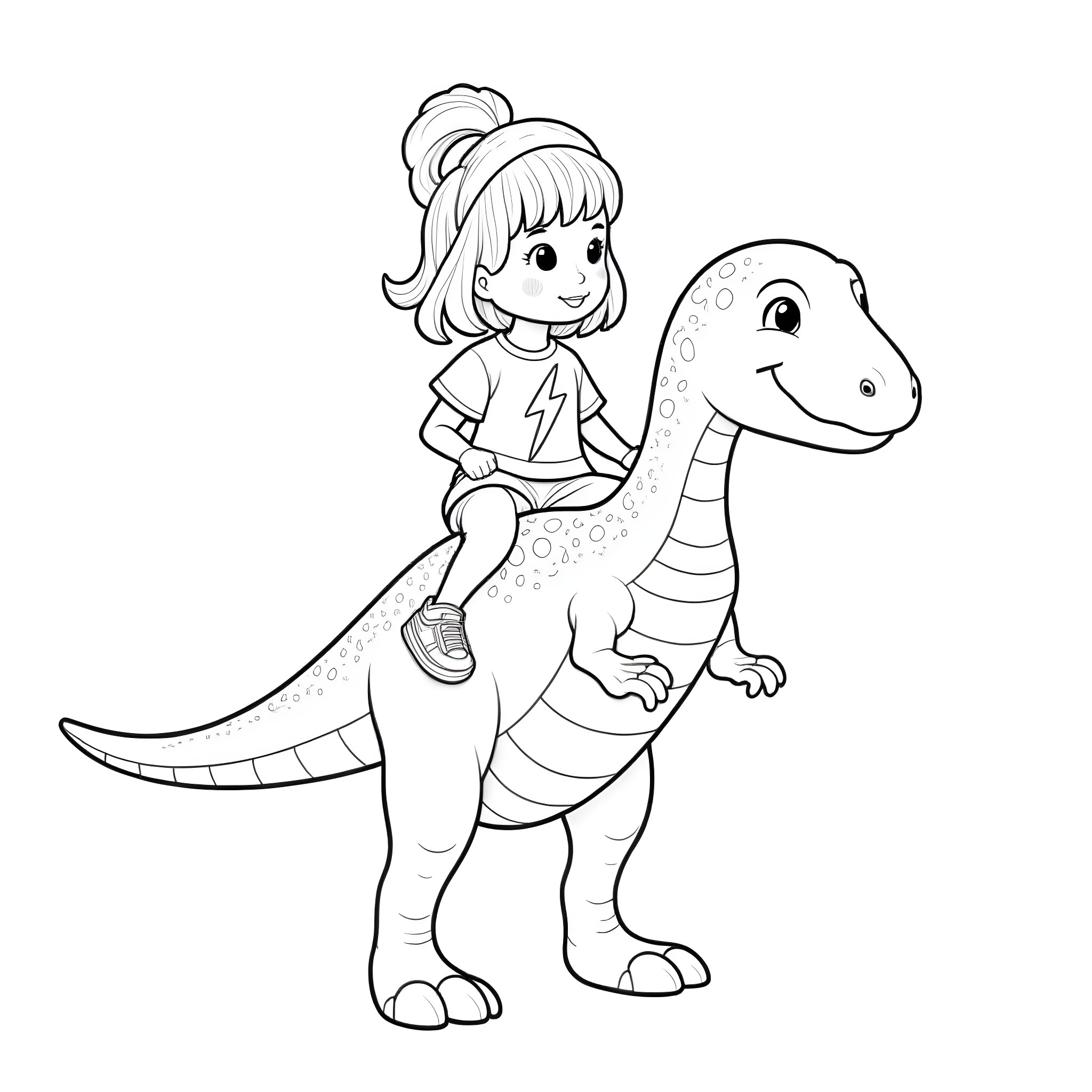 Girl riding a friendly dinosaur Coloring Page (free black-and-white line drawing printable PDF for all, from beginners to advanced learners, including children, teens, adults, and seniors)