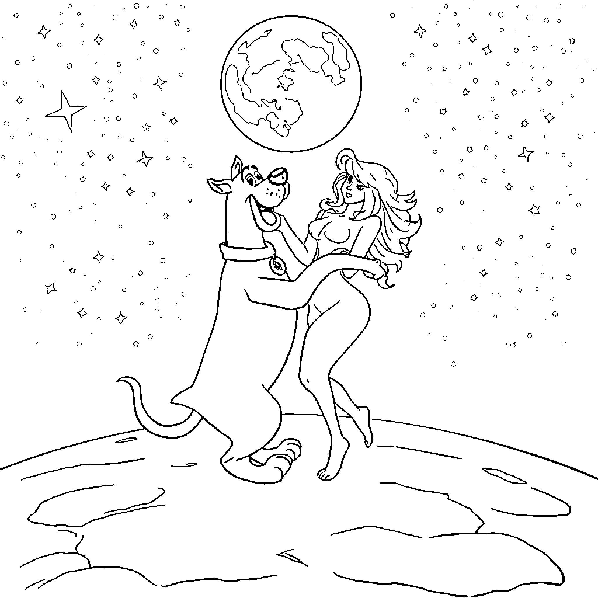 Scooby Doo and the Cosmic Dancer Coloring Page (free black-and-white line drawing printable PDF for all, from beginners to advanced learners, including children, teens, adults, and seniors)