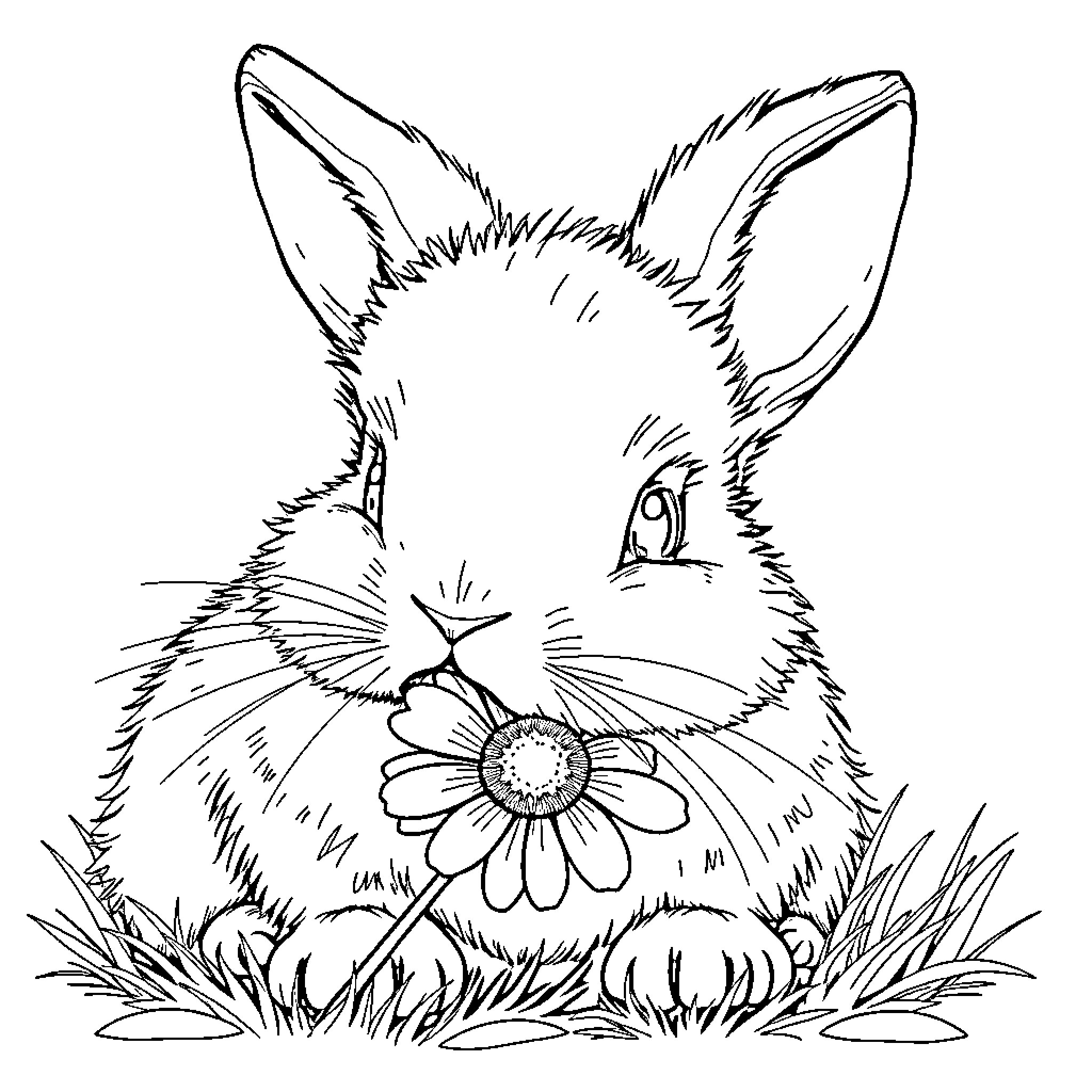 Bunny gazing at a flower in the grass Coloring Page (free black-and-white line drawing printable PDF for all, from beginners to advanced learners, including children, teens, adults, and seniors)