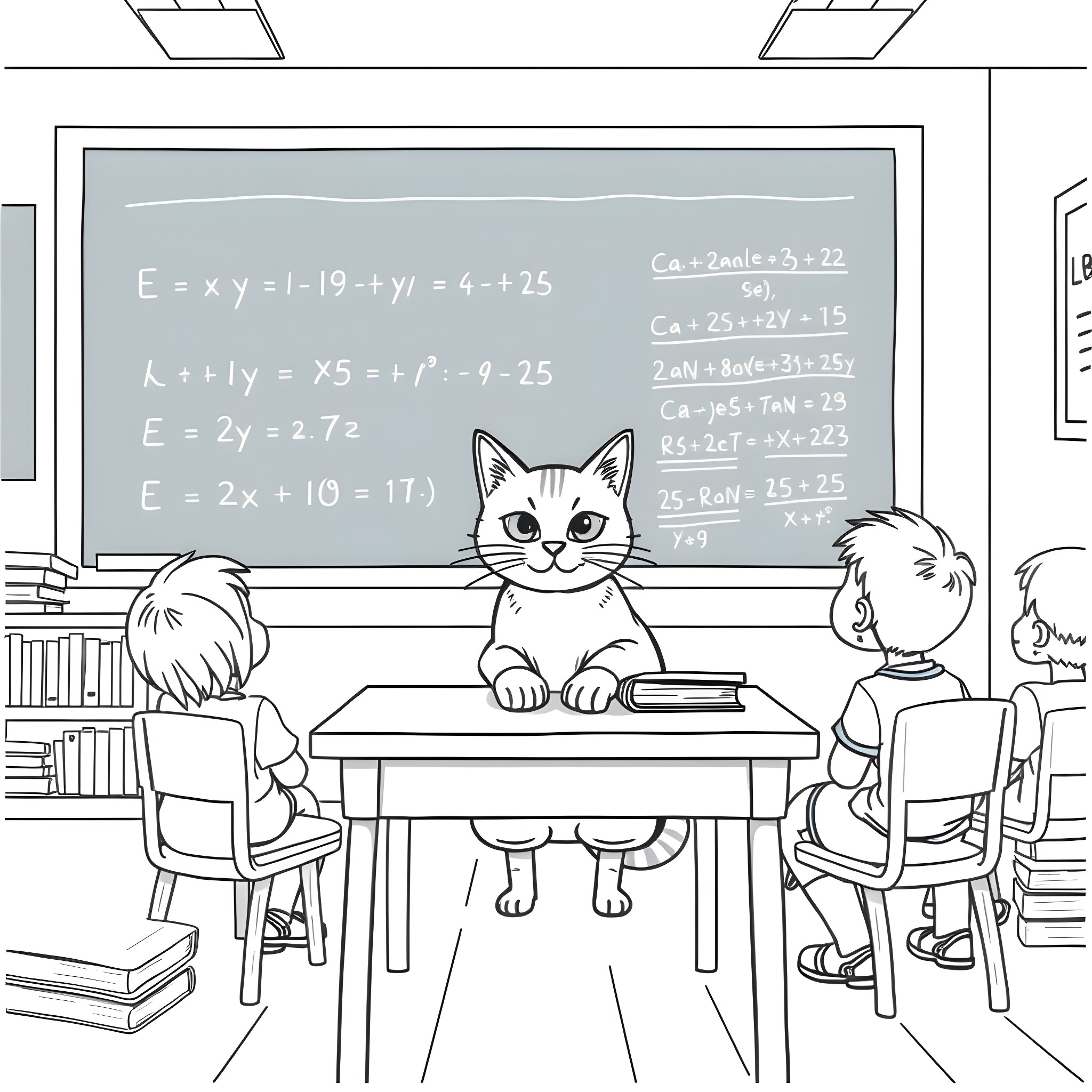 Cat teaching students in the classroom Coloring Page (free black-and-white line drawing printable PDF for all, from beginners to advanced learners, including children, teens, adults, and seniors)