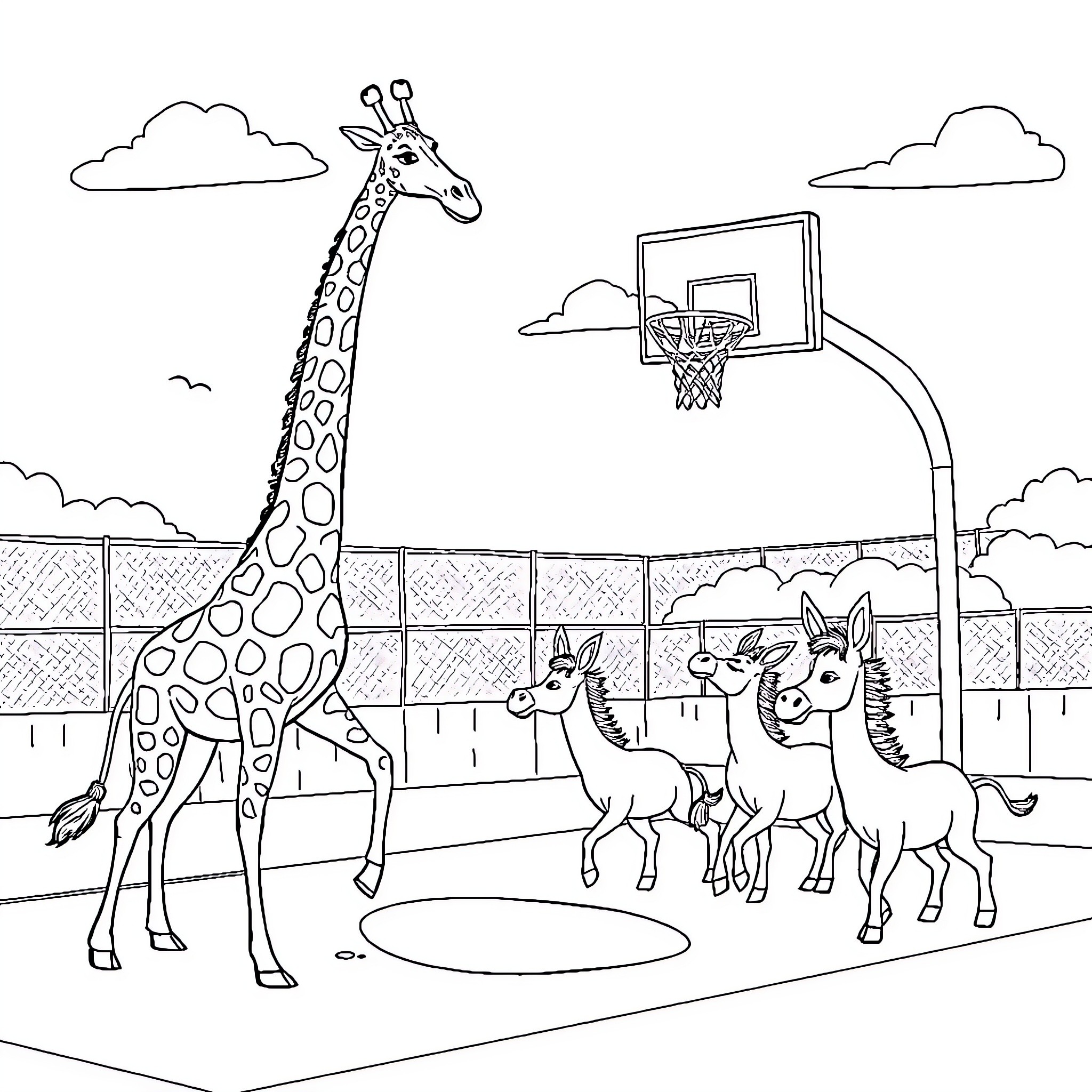 Giraffe and donkeys playing basketball outdoors Coloring Page (free black-and-white line drawing printable PDF for all, from beginners to advanced learners, including children, teens, adults, and seniors)