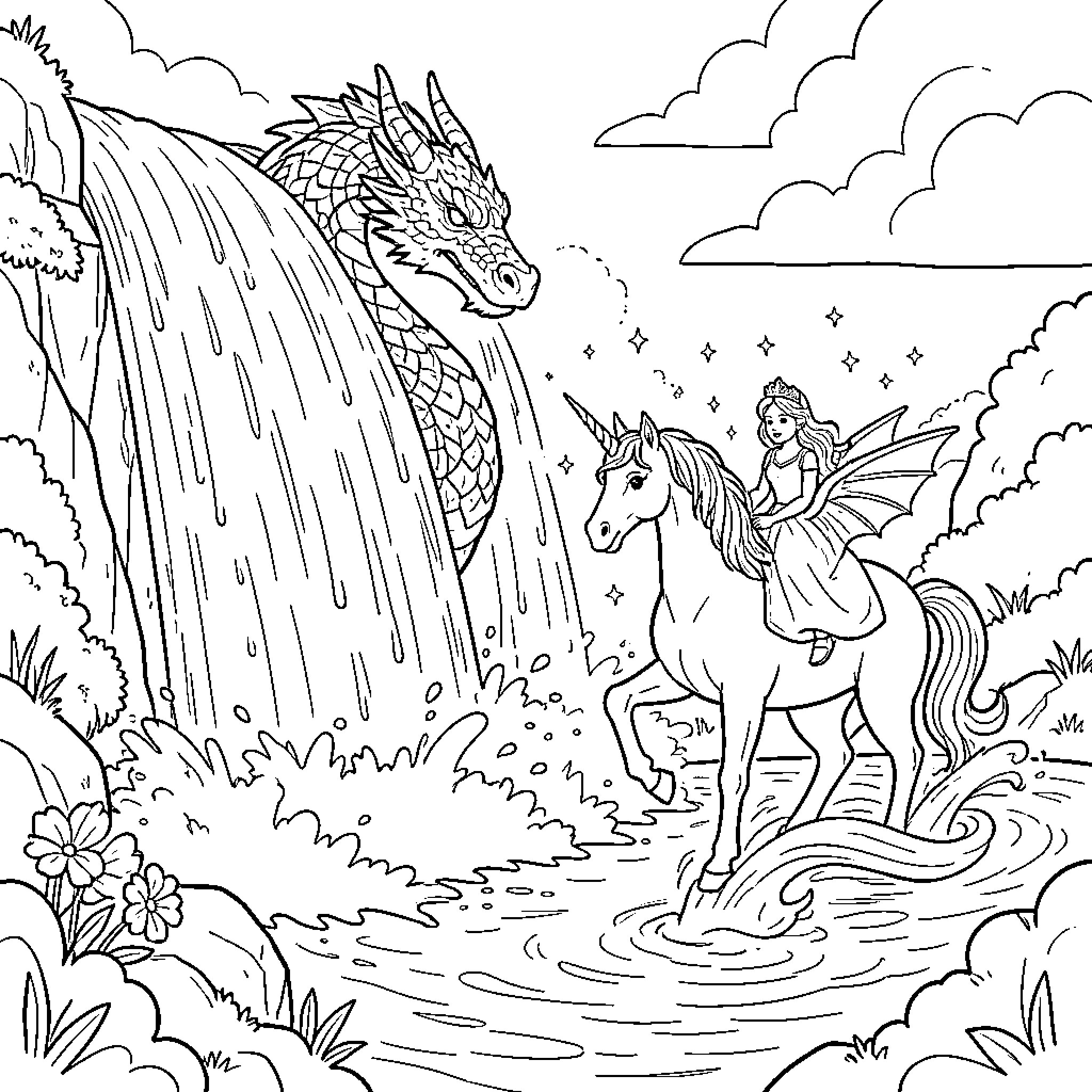 Unicorn being ridden by a fairy near a waterfall Coloring Page (free black-and-white line drawing printable PDF for all, from beginners to advanced learners, including children, teens, adults, and seniors)