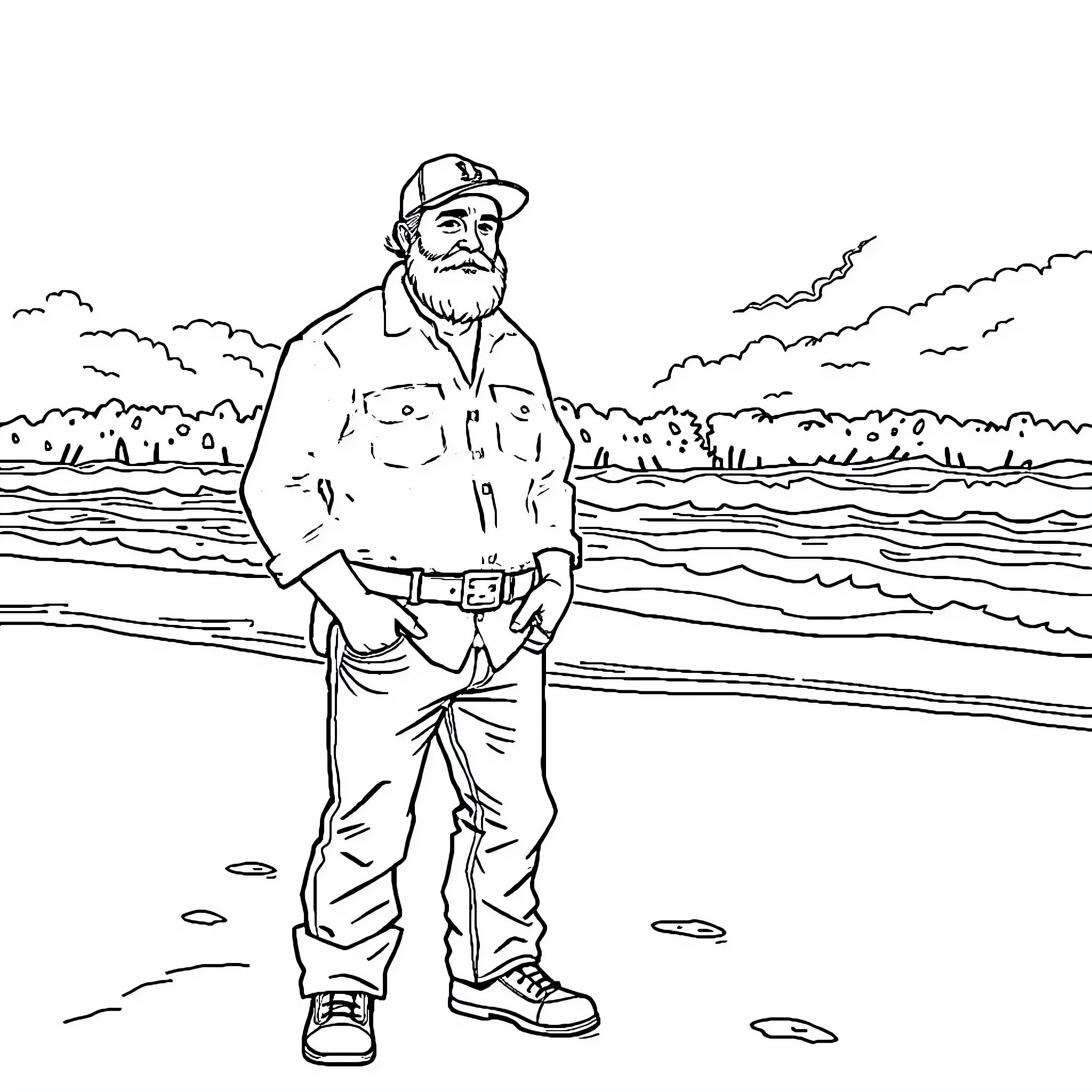 Lumberjack standing by the riverside Coloring Page (free black-and-white line drawing printable PDF for all, from beginners to advanced learners, including children, teens, adults, and seniors)