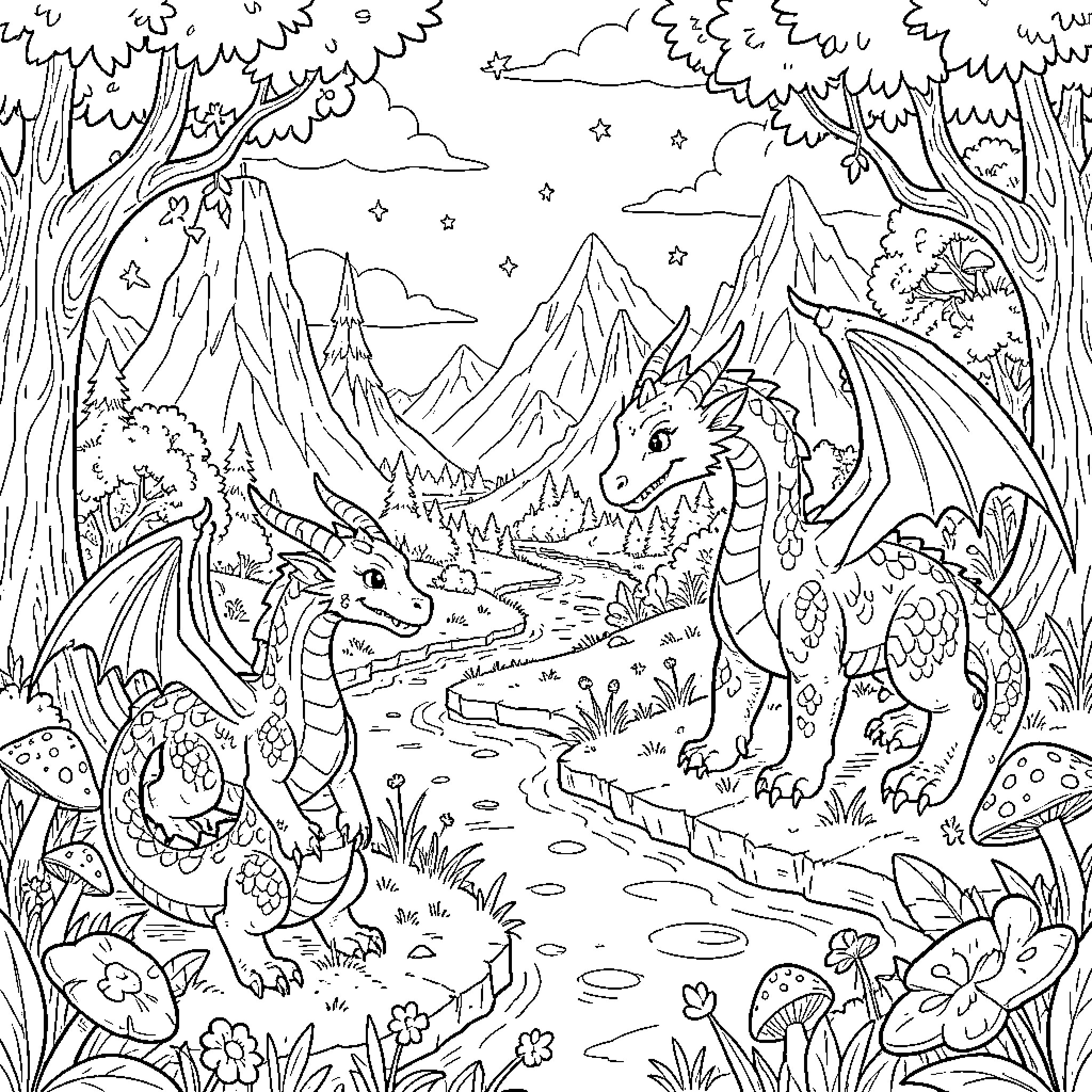 Dragon pair interacting in a whimsical mountain landscape Coloring Page (free black-and-white line drawing printable PDF for all, from beginners to advanced learners, including children, teens, adults, and seniors)