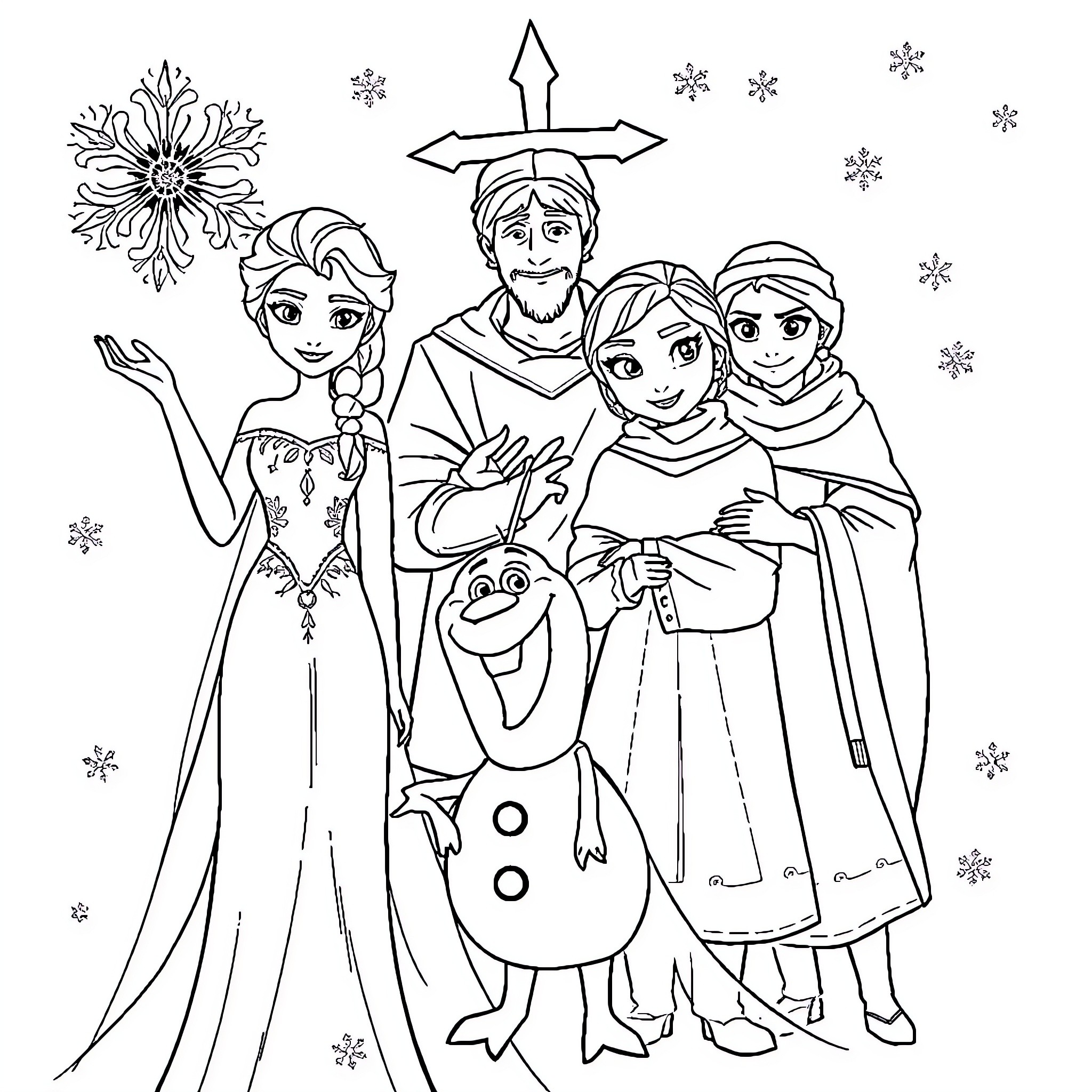 Elsa's Winter Wonderland Adventure with Family Coloring Page (free black-and-white line drawing printable PDF for all, from beginners to advanced learners, including children, teens, adults, and seniors)