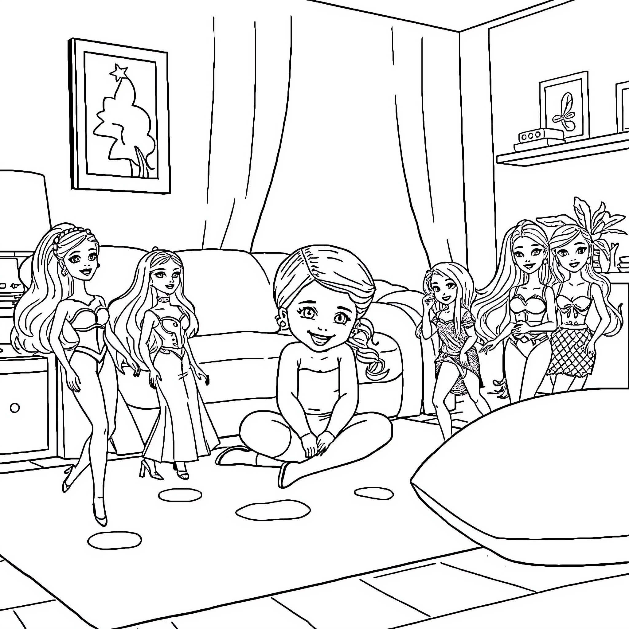 Lilo and her friends enjoy a fun slumber party Coloring Page (free black-and-white line drawing printable PDF for all, from beginners to advanced learners, including children, teens, adults, and seniors)