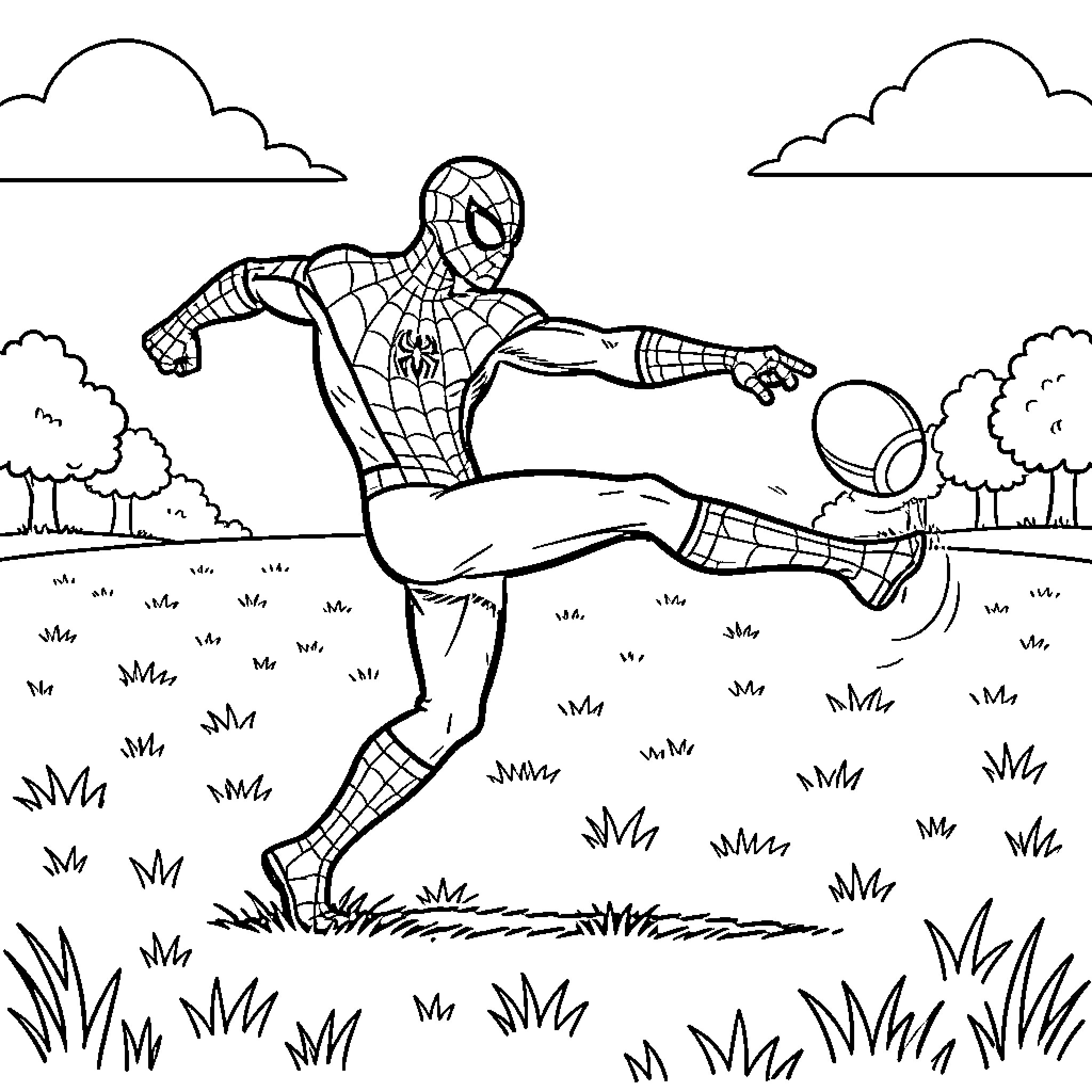 Spiderman kicking a ball in an open field Coloring Page (free black-and-white line drawing printable PDF for all, from beginners to advanced learners, including children, teens, adults, and seniors)