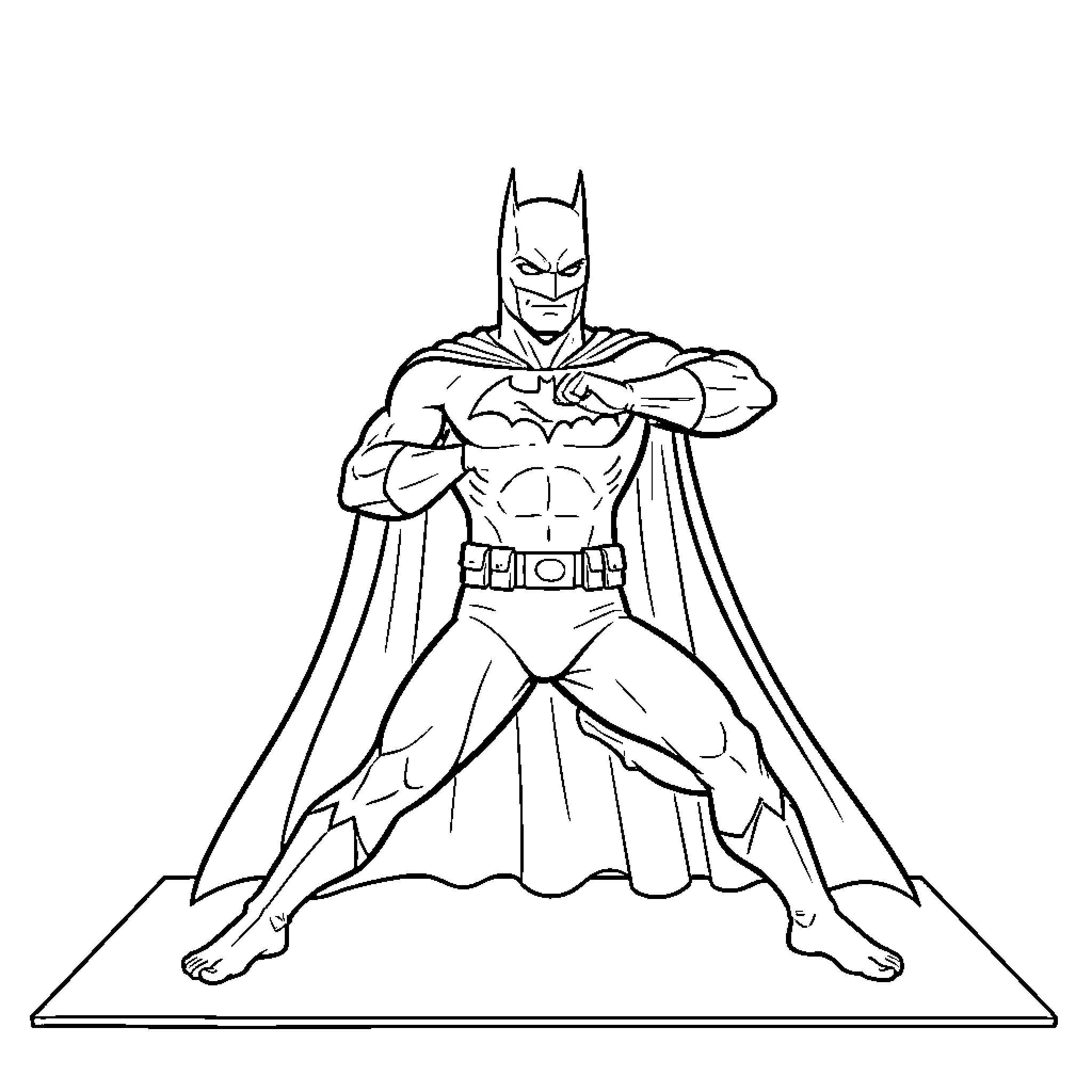 Batman in heroic stance with cape and costume Coloring Page (free black-and-white line drawing printable PDF for all, from beginners to advanced learners, including children, teens, adults, and seniors)