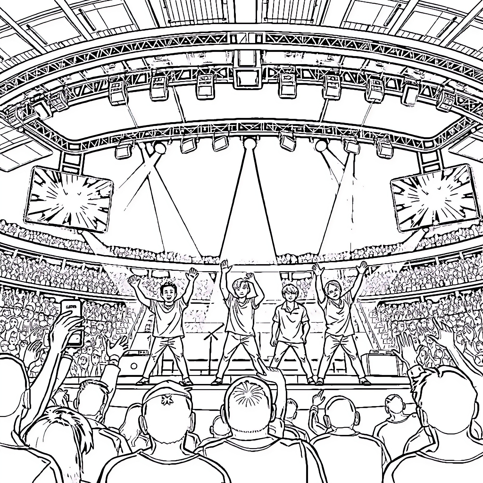 Stray Kids Performing Energetic Concert for Cheering Audience Coloring Page (free black-and-white line drawing printable PDF for all, from beginners to advanced learners, including children, teens, adults, and seniors)