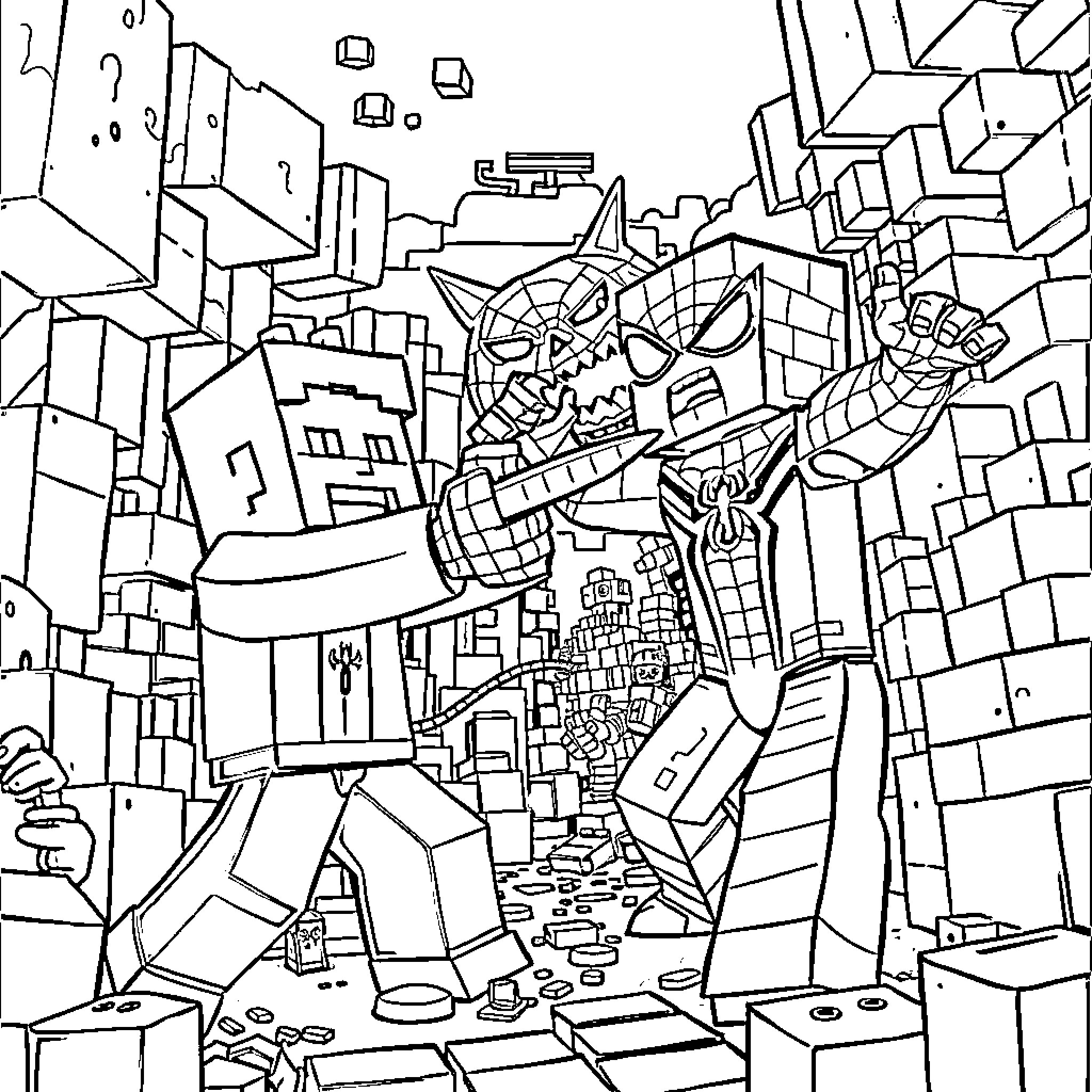 Minecraft Characters in Chaotic Urban Adventure Coloring Page (free black-and-white line drawing printable PDF for all, from beginners to advanced learners, including children, teens, adults, and seniors)