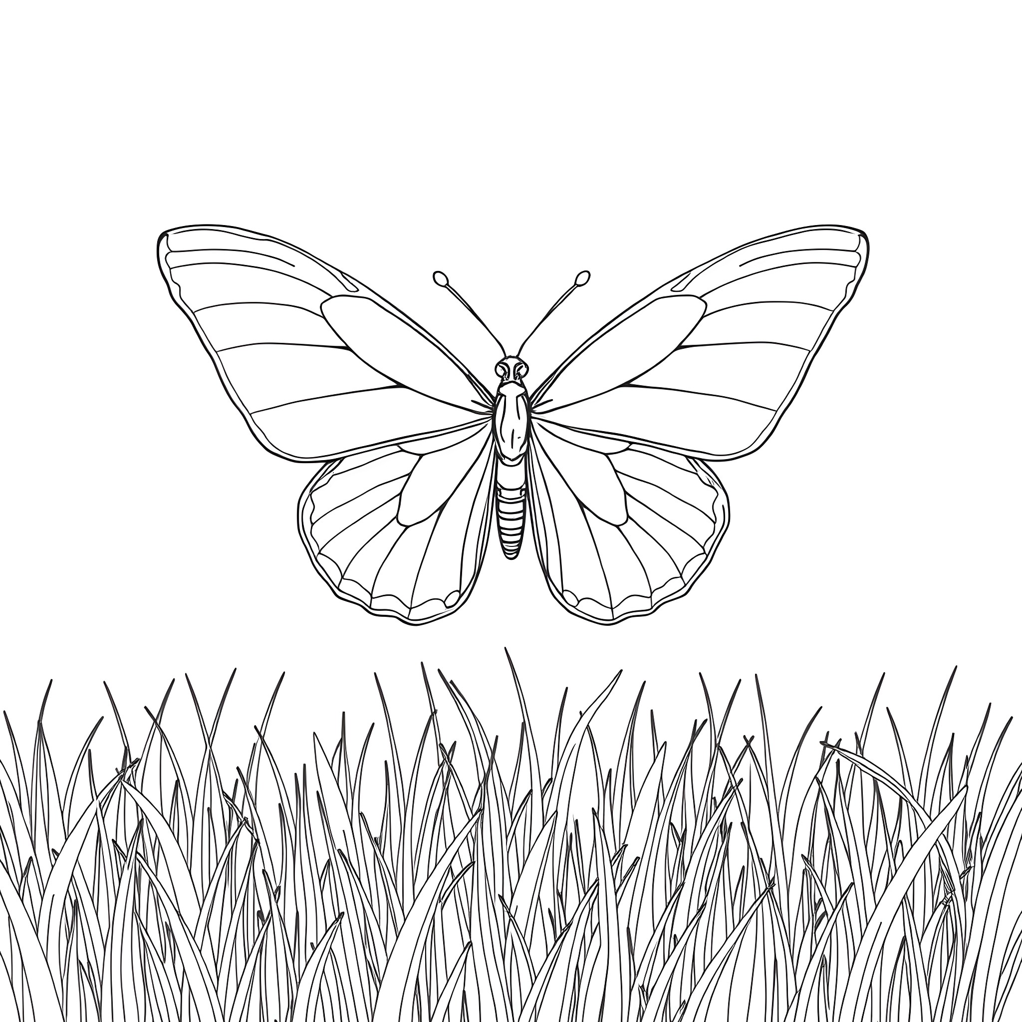 Sulphur butterfly among tall grasses Coloring Page (free black-and-white line drawing printable PDF for all, from beginners to advanced learners, including children, teens, adults, and seniors)