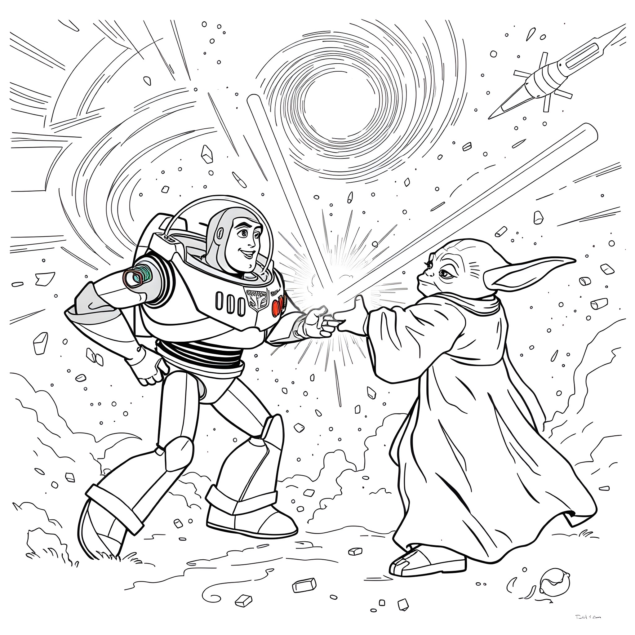 Buzz Lightyear's Space Adventure with Baby Yoda Coloring Page (free black-and-white line drawing printable PDF for all, from beginners to advanced learners, including children, teens, adults, and seniors)