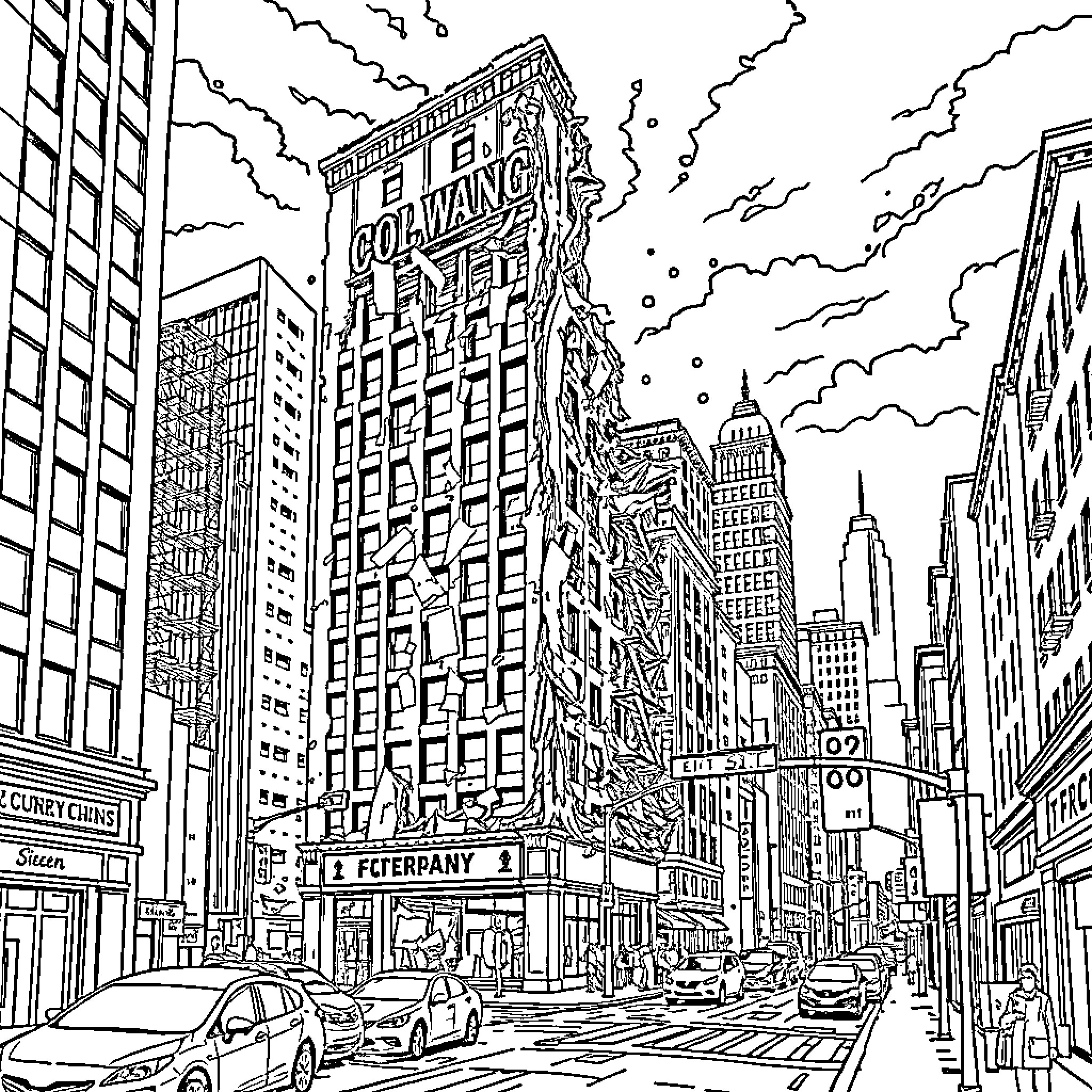 Building with Bustling Cityscape and Vibrant Activity Coloring Page (free black-and-white line drawing printable PDF for all, from beginners to advanced learners, including children, teens, adults, and seniors)