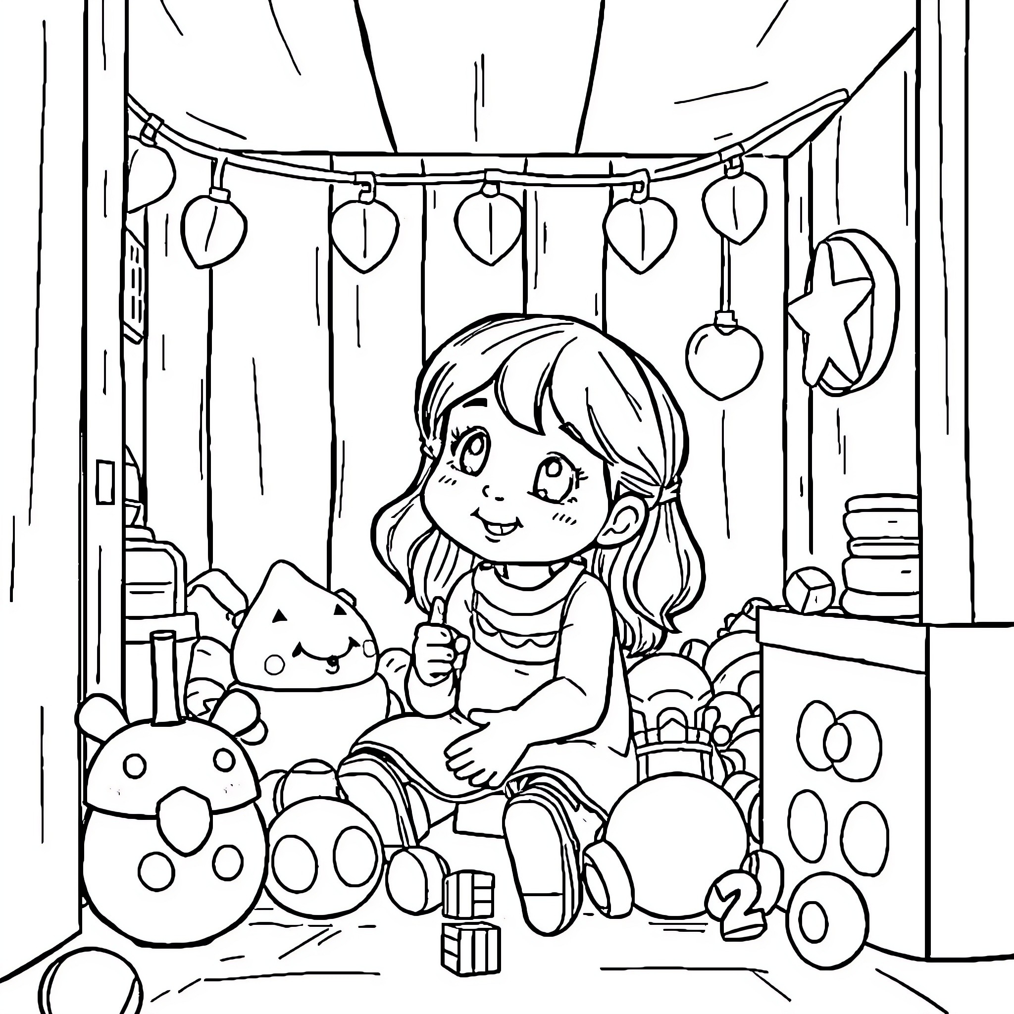 Girl playing with toys and enjoying cozy indoors Coloring Page (free black-and-white line drawing printable PDF for all, from beginners to advanced learners, including children, teens, adults, and seniors)