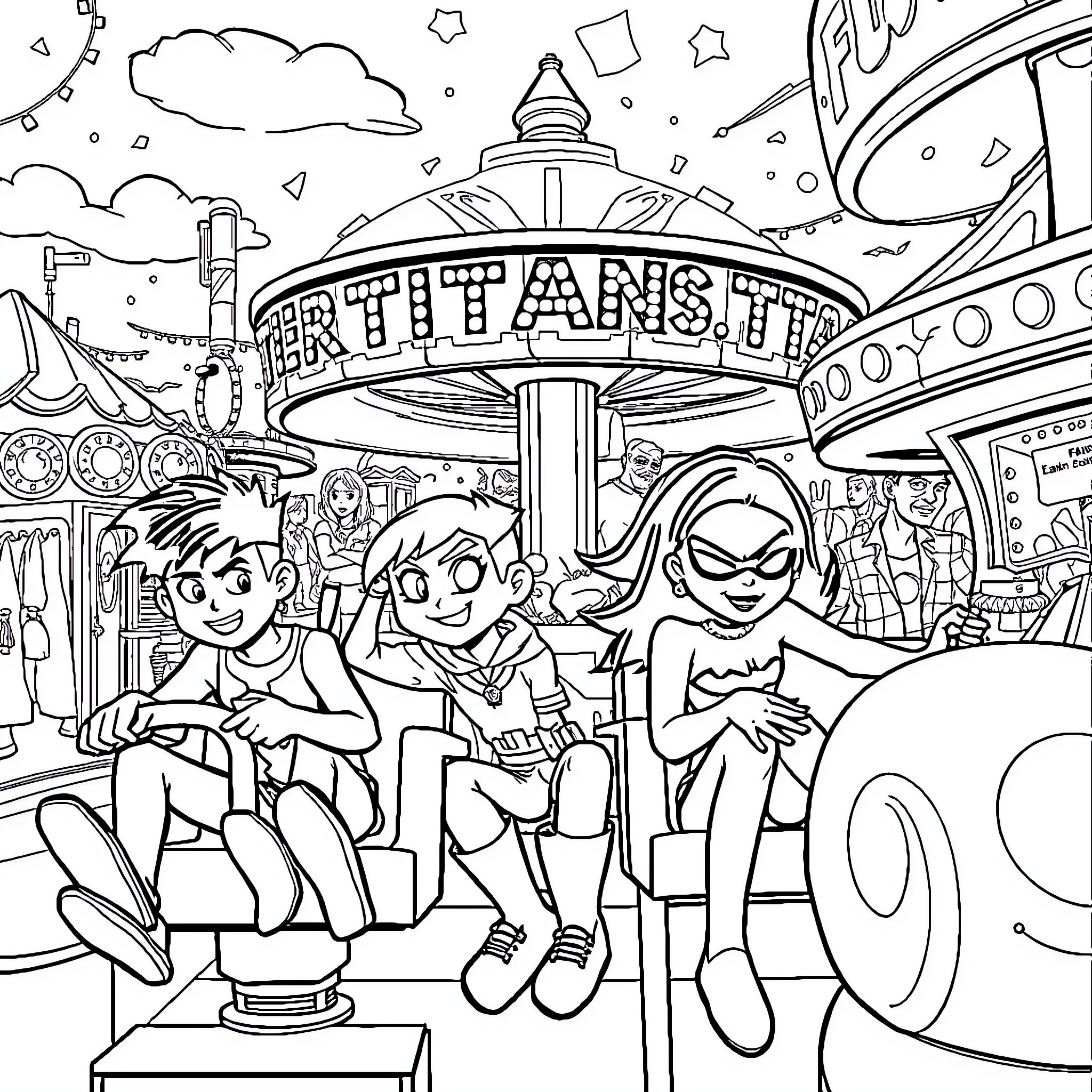 Teen Titans at the Carnival Fairgrounds Coloring Page (free black-and-white line drawing printable PDF for all, from beginners to advanced learners, including children, teens, adults, and seniors)