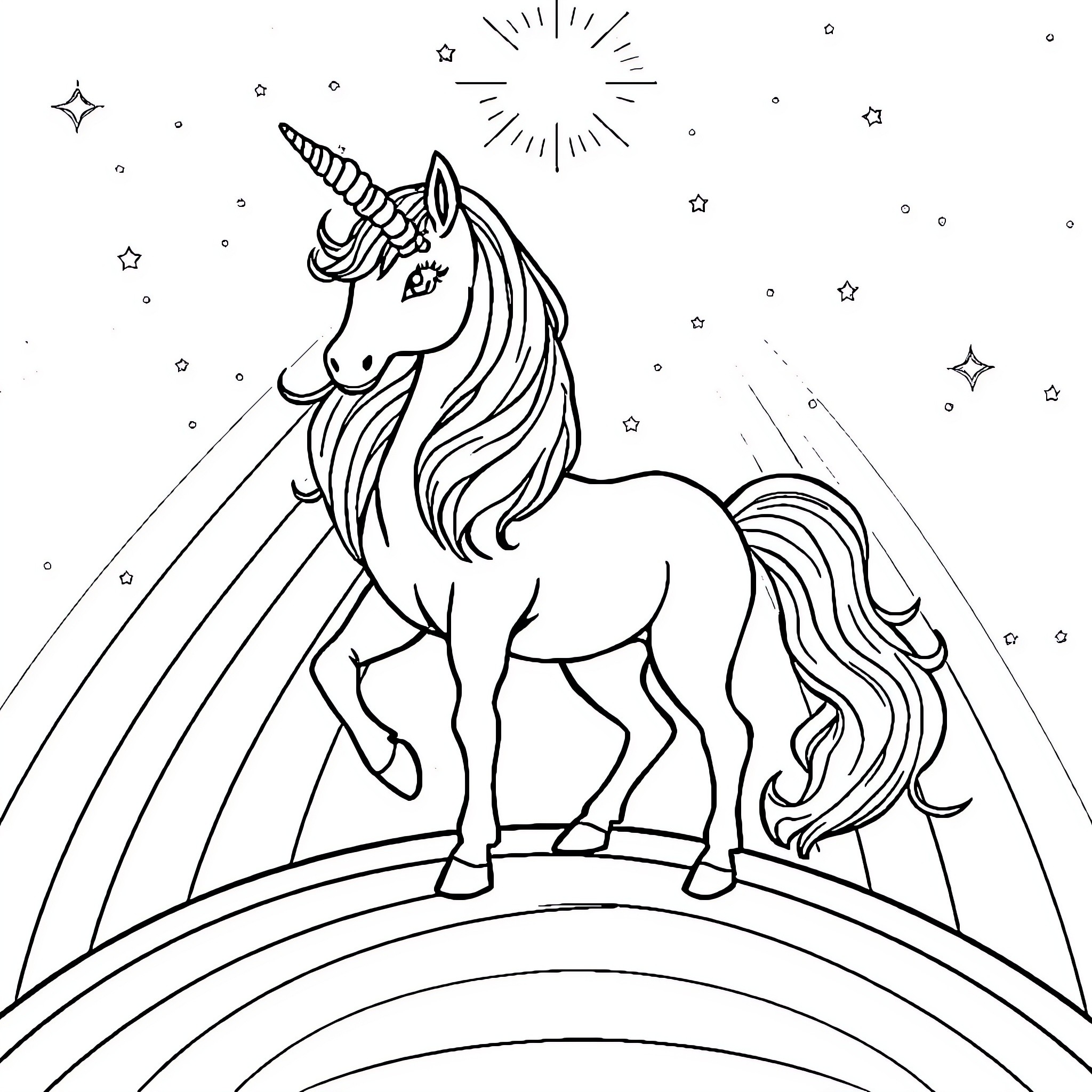 Unicorn galloping under the starry sky Coloring Page (free black-and-white line drawing printable PDF for all, from beginners to advanced learners, including children, teens, adults, and seniors)