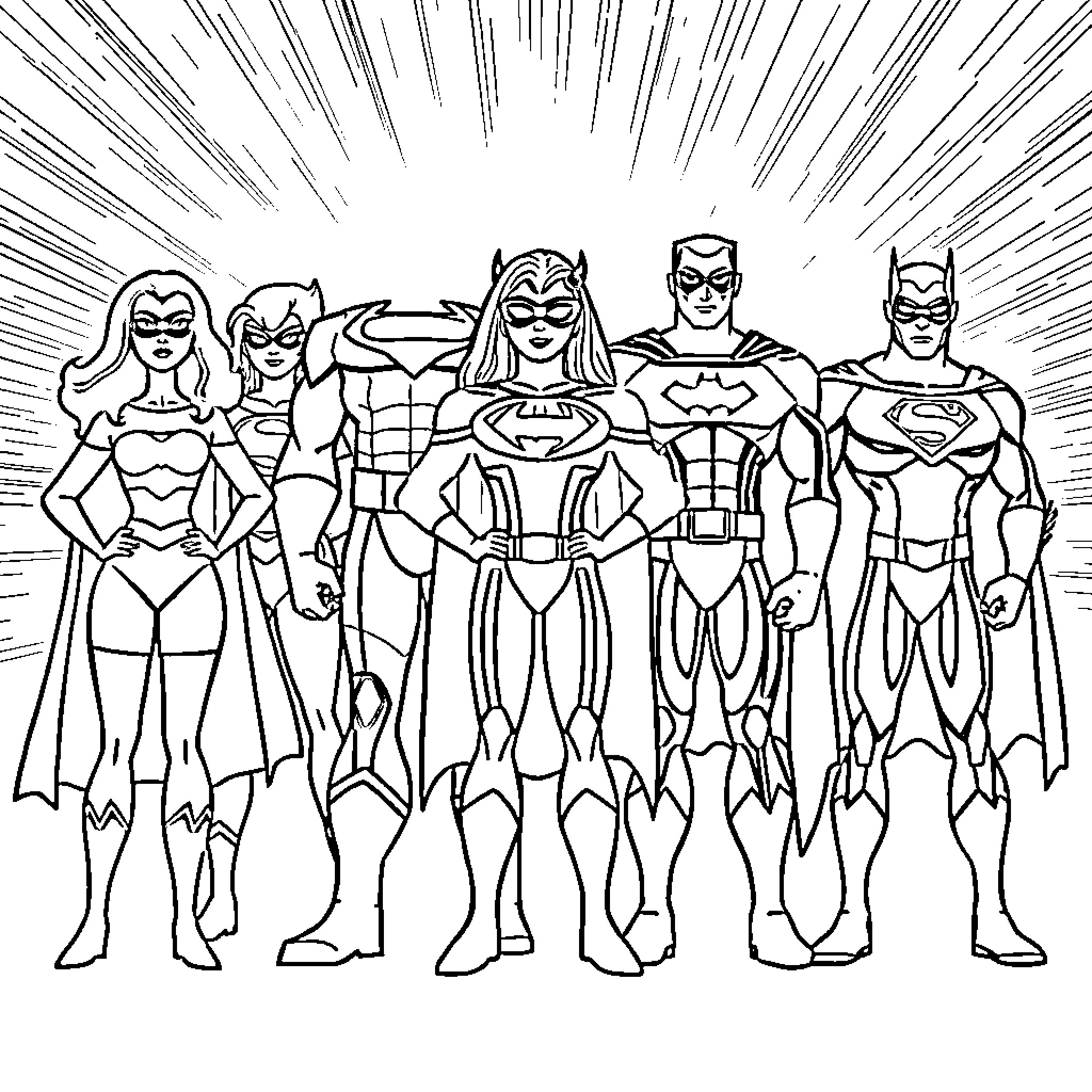 Superhero team in action-packed scene Coloring Page (free black-and-white line drawing printable PDF for all, from beginners to advanced learners, including children, teens, adults, and seniors)
