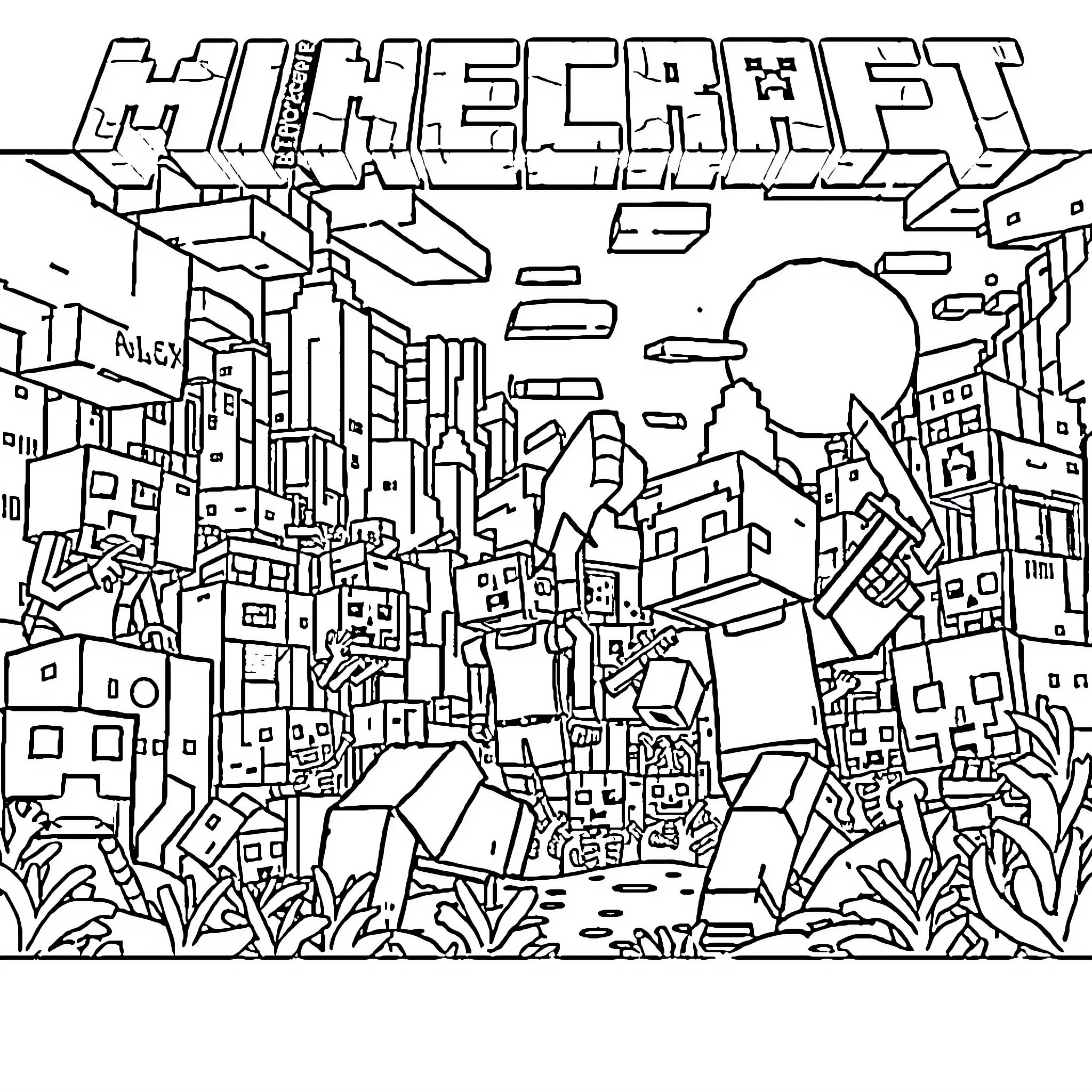 Minecraft Cityscape with Towering Buildings Coloring Page (free black-and-white line drawing printable PDF for all, from beginners to advanced learners, including children, teens, adults, and seniors)