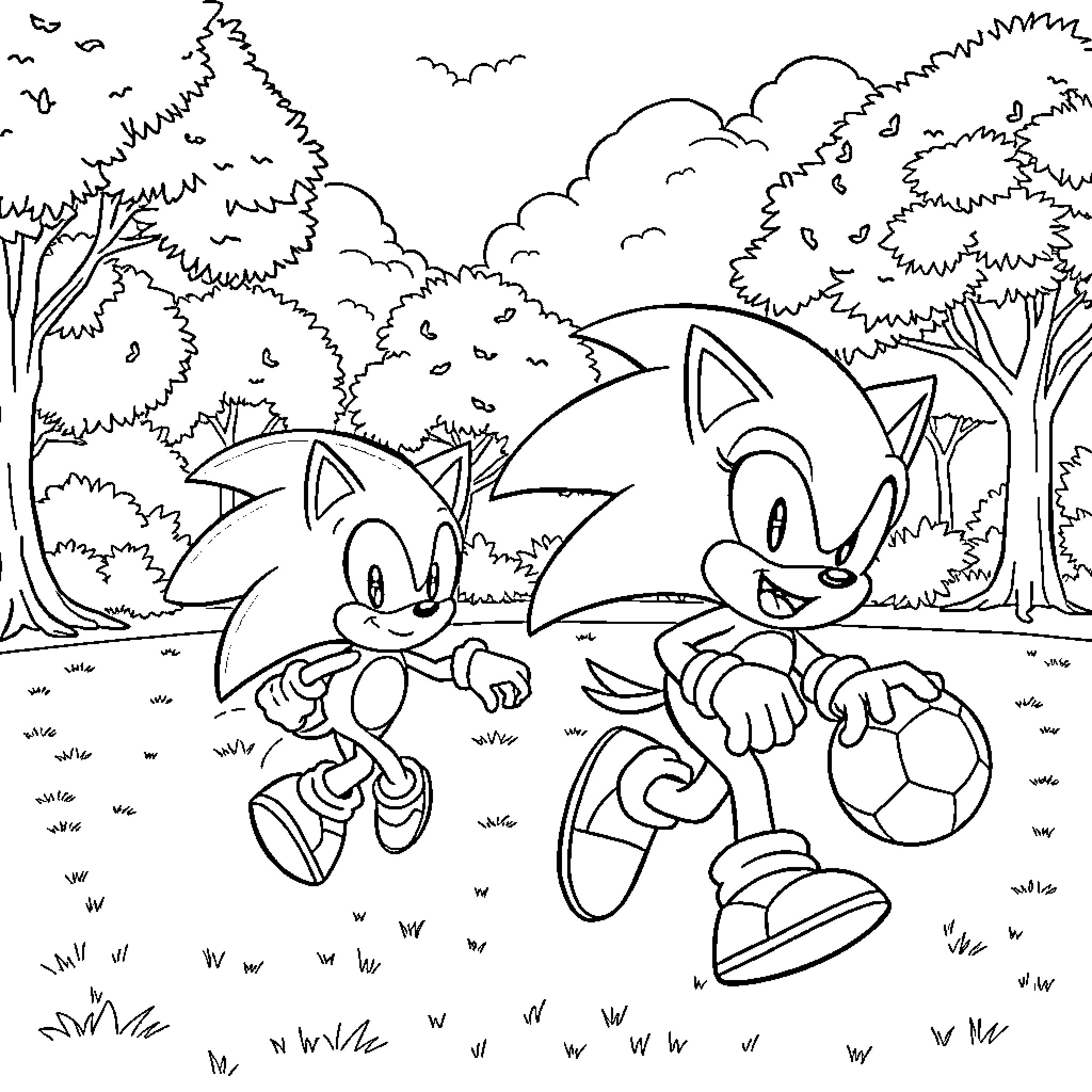 Bluey characters playing in the forest Coloring Page (free black-and-white line drawing printable PDF for all, from beginners to advanced learners, including children, teens, adults, and seniors)