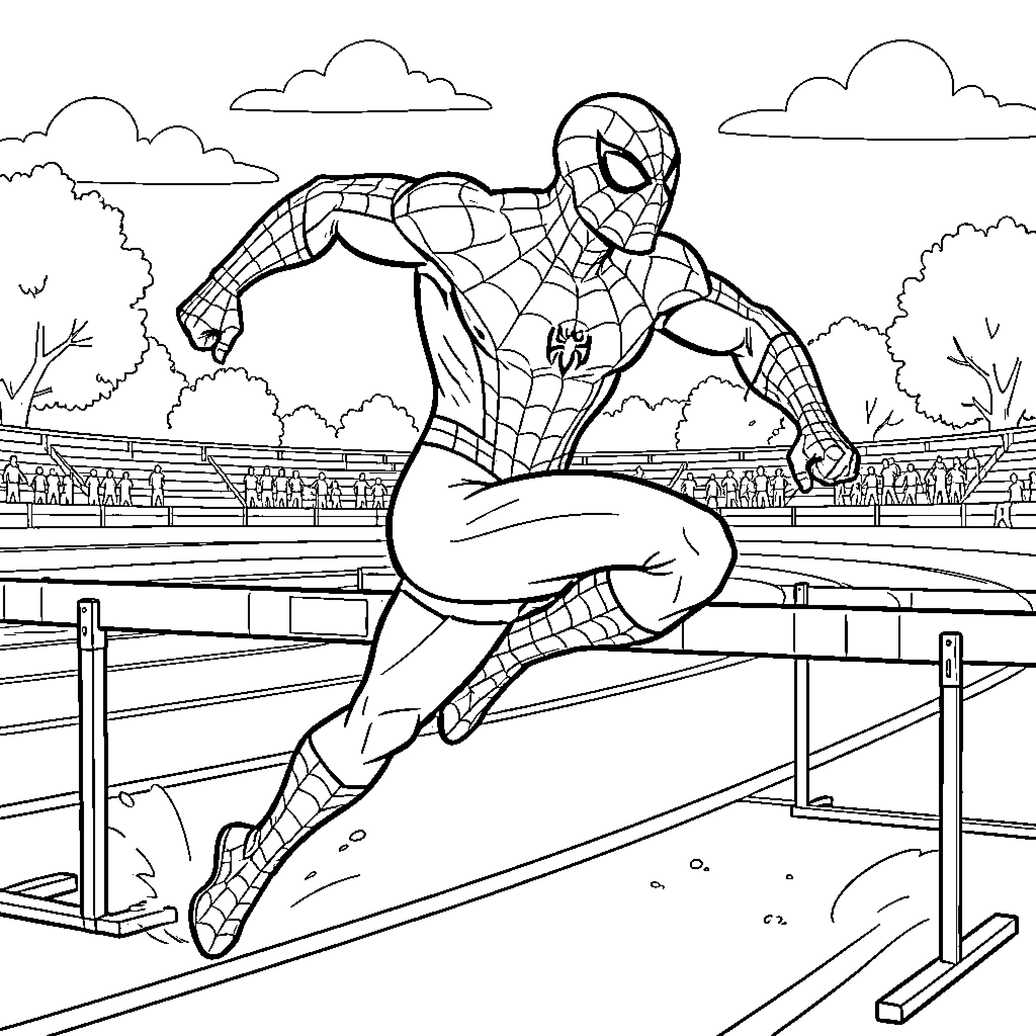 Spiderman swinging through the city skyline Coloring Page (free black-and-white line drawing printable PDF for all, from beginners to advanced learners, including children, teens, adults, and seniors)