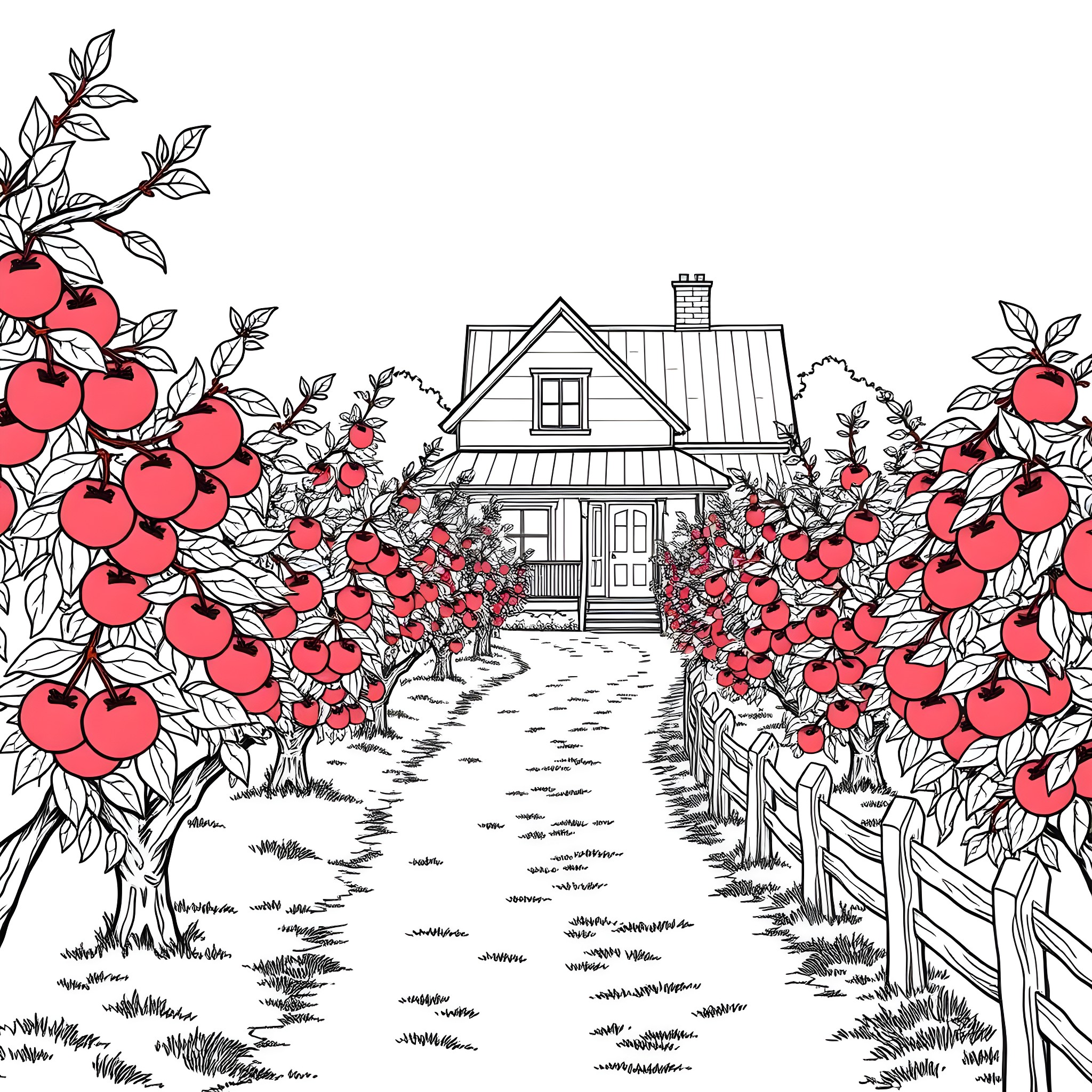 Apple orchard with a charming farmhouse Coloring Page (free black-and-white line drawing printable PDF for all, from beginners to advanced learners, including children, teens, adults, and seniors)