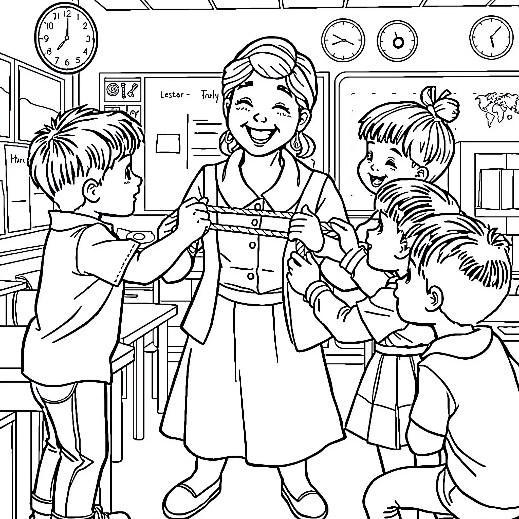 Child helping classmates in the classroom Coloring Page (free black-and-white line drawing printable PDF for all, from beginners to advanced learners, including children, teens, adults, and seniors)