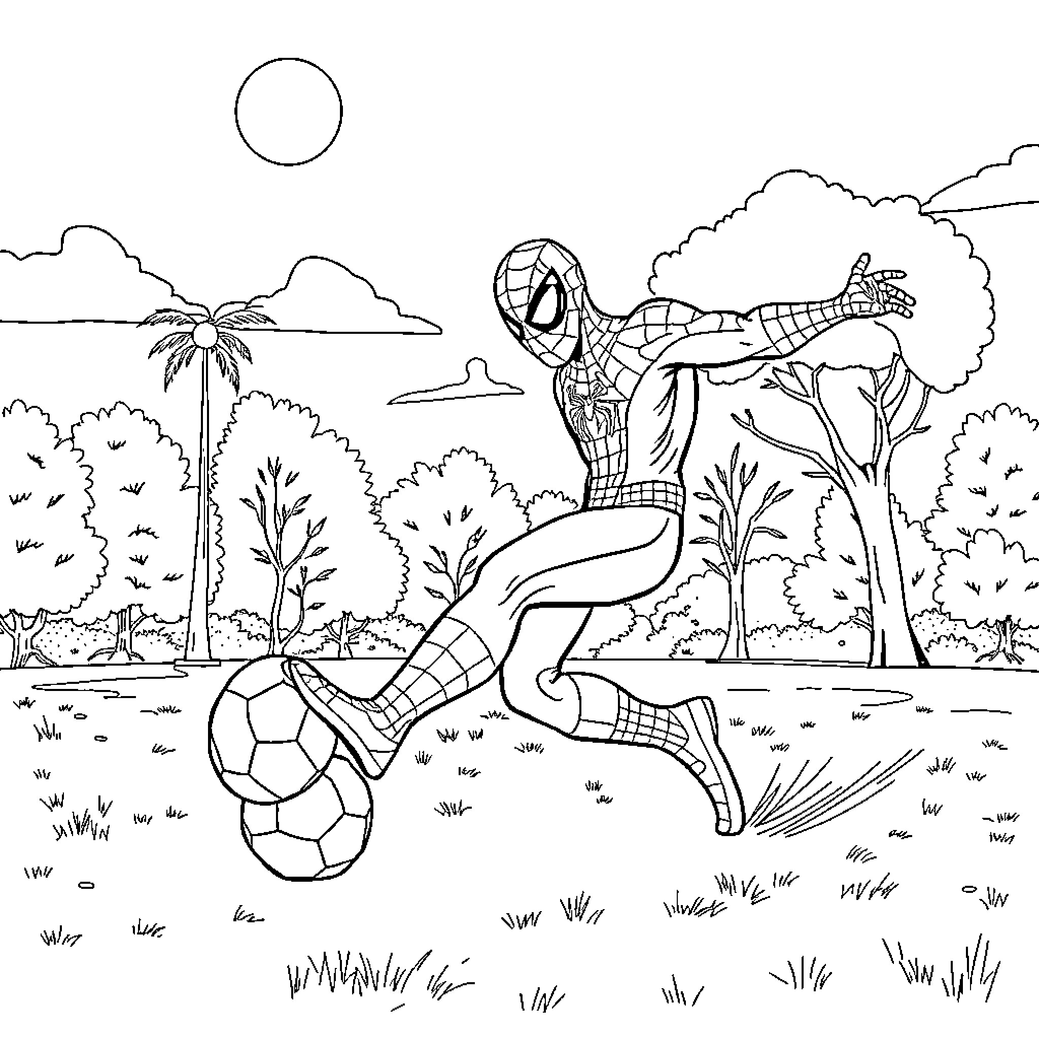 Spider-Man playing soccer in the park Coloring Page (free black-and-white line drawing printable PDF for all, from beginners to advanced learners, including children, teens, adults, and seniors)