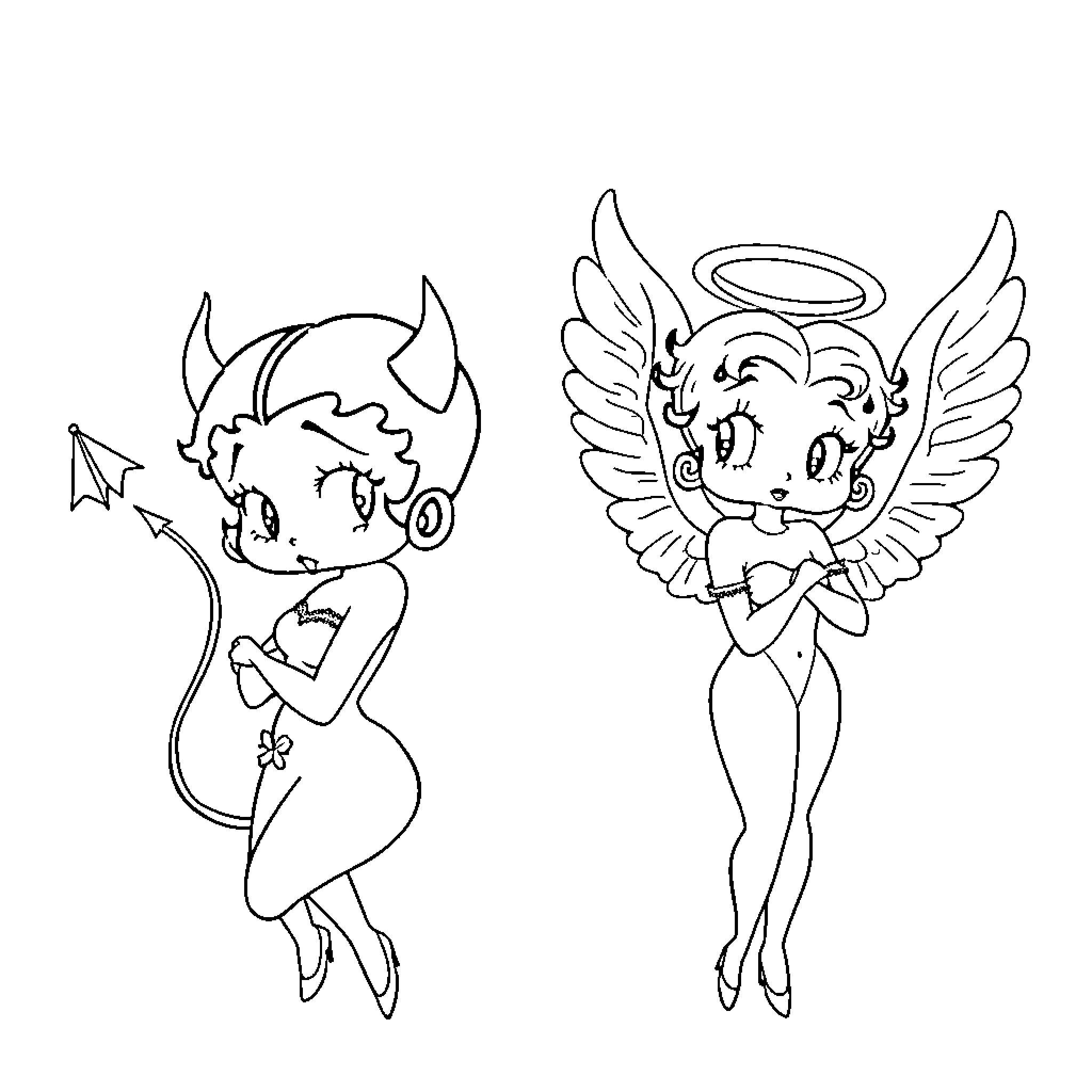 Betty Boop as angel and devil in monochrome illustration Coloring Page (free black-and-white line drawing printable PDF for all, from beginners to advanced learners, including children, teens, adults, and seniors)