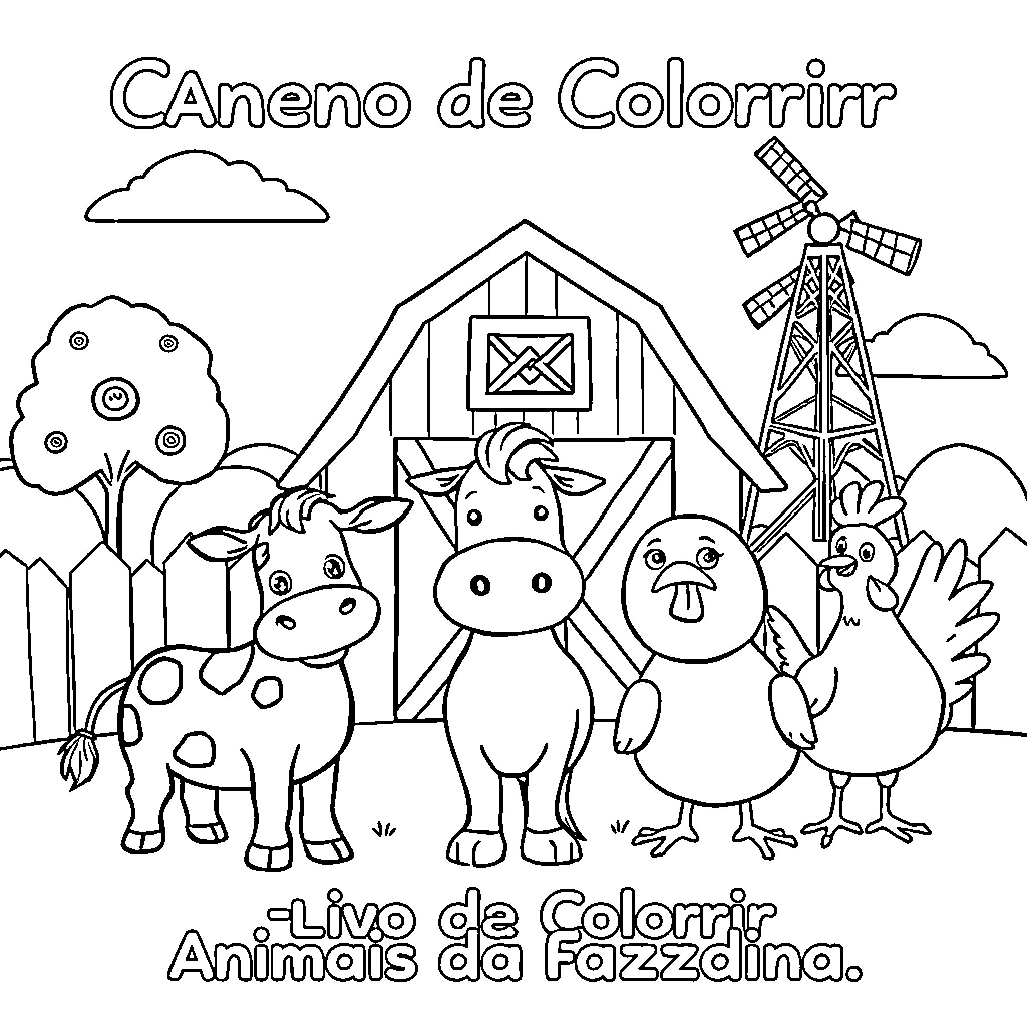 Farm Animal Coloring Book with Barn and Windmill Coloring Page (free black-and-white line drawing printable PDF for all, from beginners to advanced learners, including children, teens, adults, and seniors)
