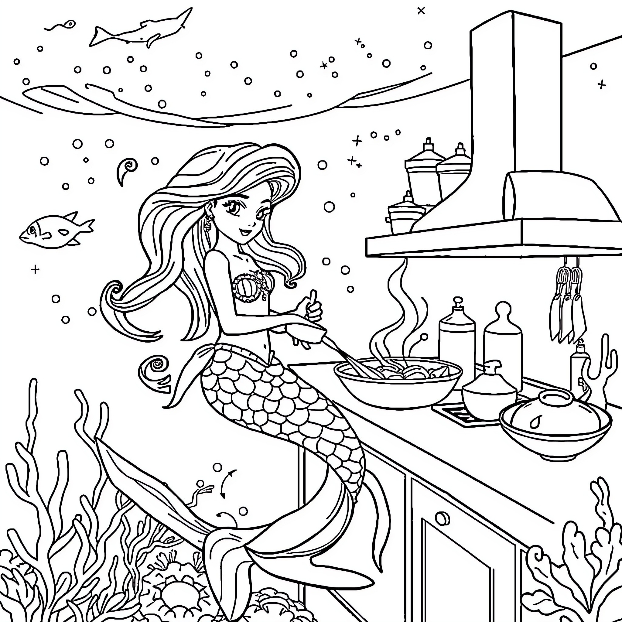 Mermaid preparing a meal in an underwater kitchen Coloring Page (free black-and-white line drawing printable PDF for all, from beginners to advanced learners, including children, teens, adults, and seniors)