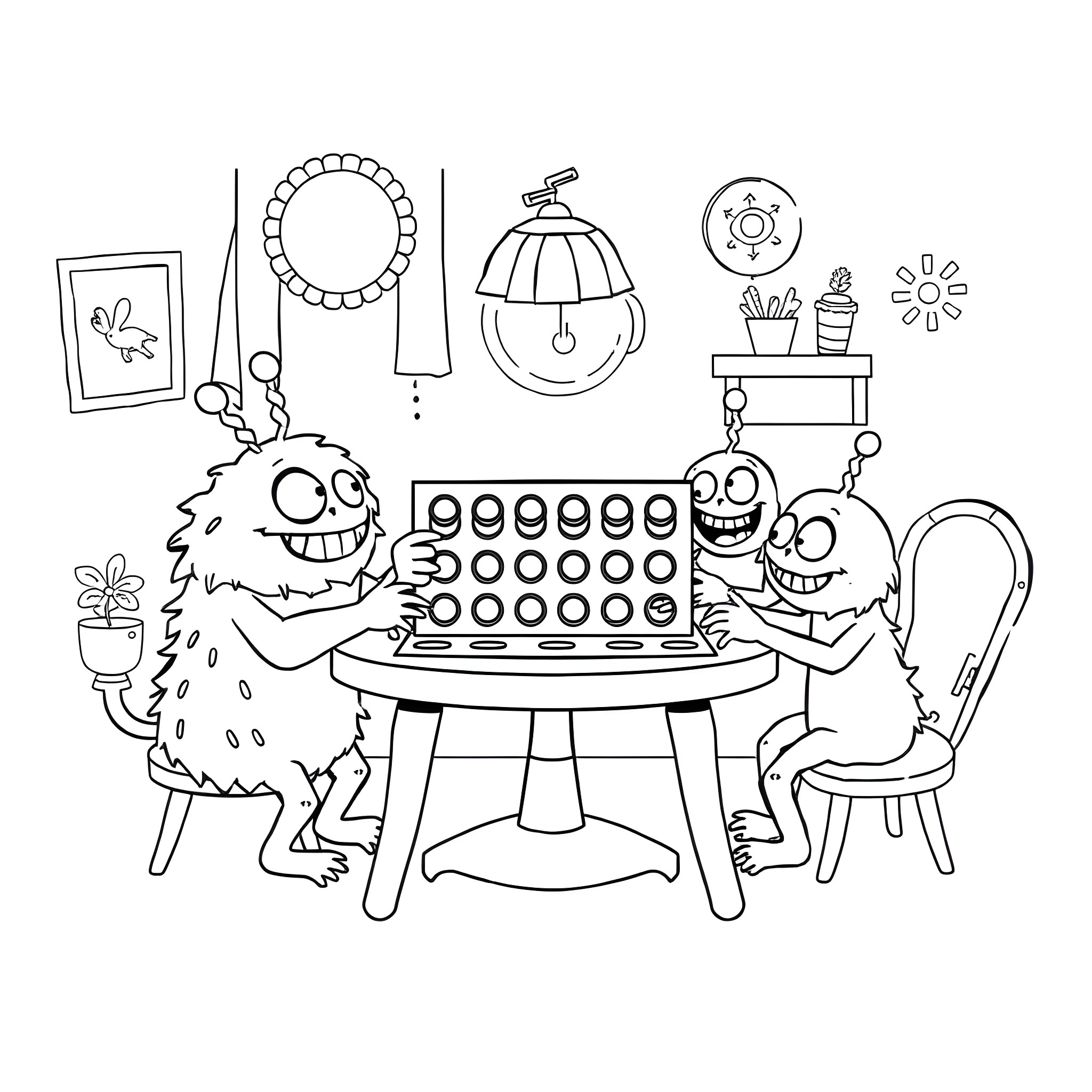 Maurice's Playful Afternoon at the Game Table Coloring Page (free black-and-white line drawing printable PDF for all, from beginners to advanced learners, including children, teens, adults, and seniors)