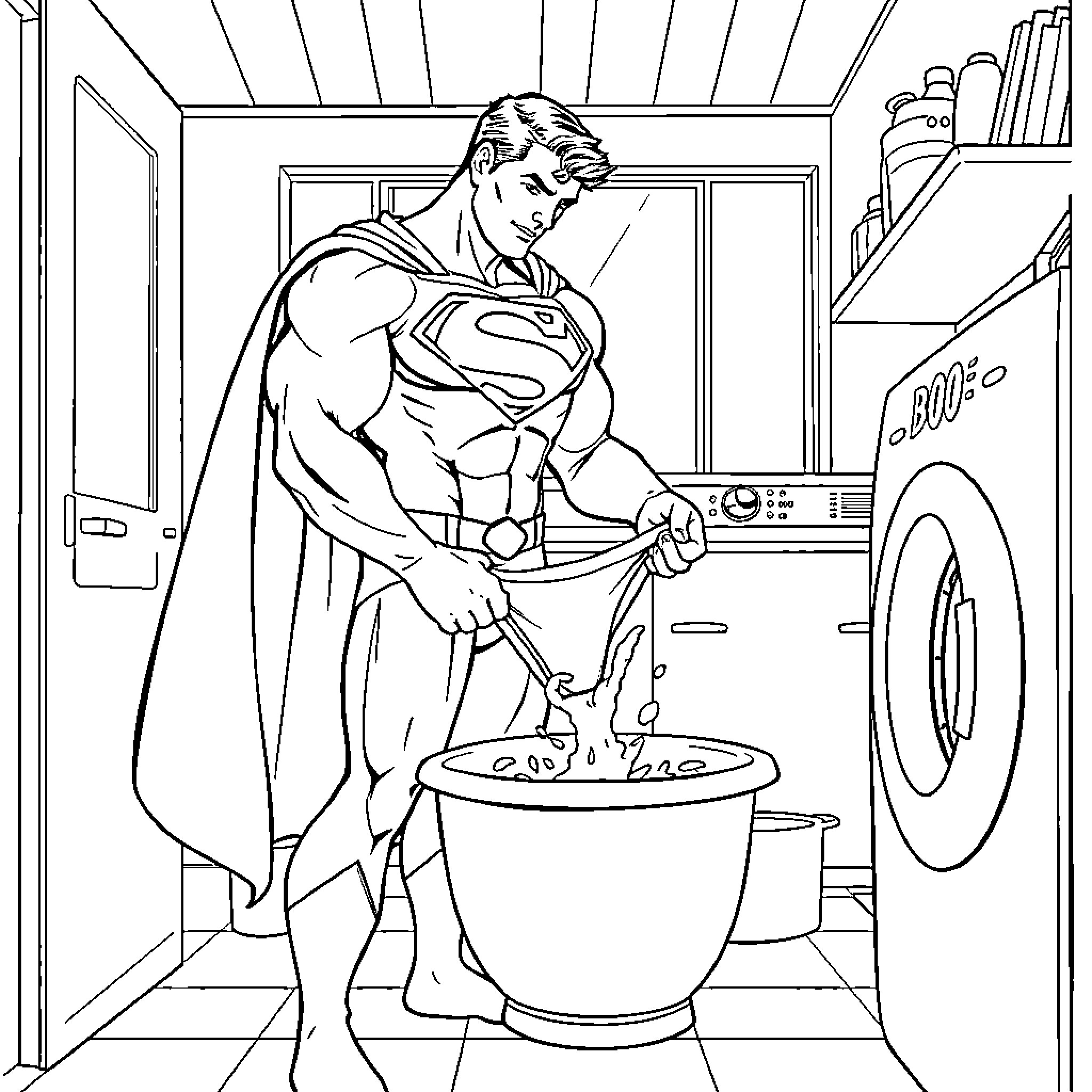 Superman doing Laundry in the Laundromat Coloring Page (free black-and-white line drawing printable PDF for all, from beginners to advanced learners, including children, teens, adults, and seniors)
