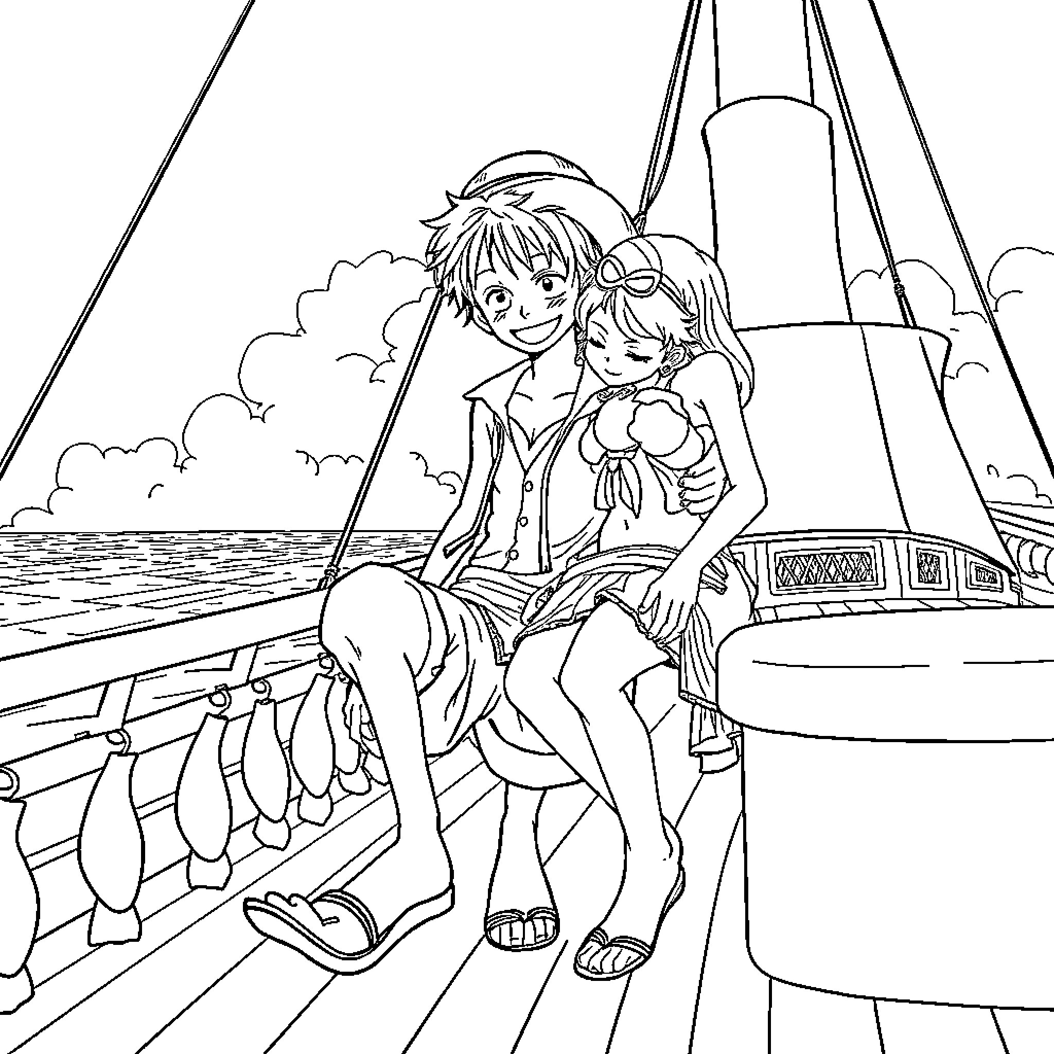 Luffy and Nami enjoying a peaceful moment on the ship Coloring Page (free black-and-white line drawing printable PDF for all, from beginners to advanced learners, including children, teens, adults, and seniors)