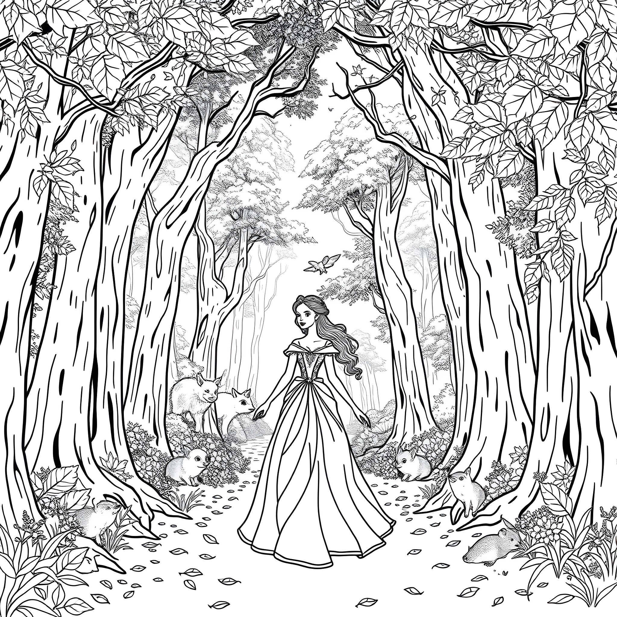 Princess in enchanted forest with forest animals Coloring Page (free black-and-white line drawing printable PDF for all, from beginners to advanced learners, including children, teens, adults, and seniors)