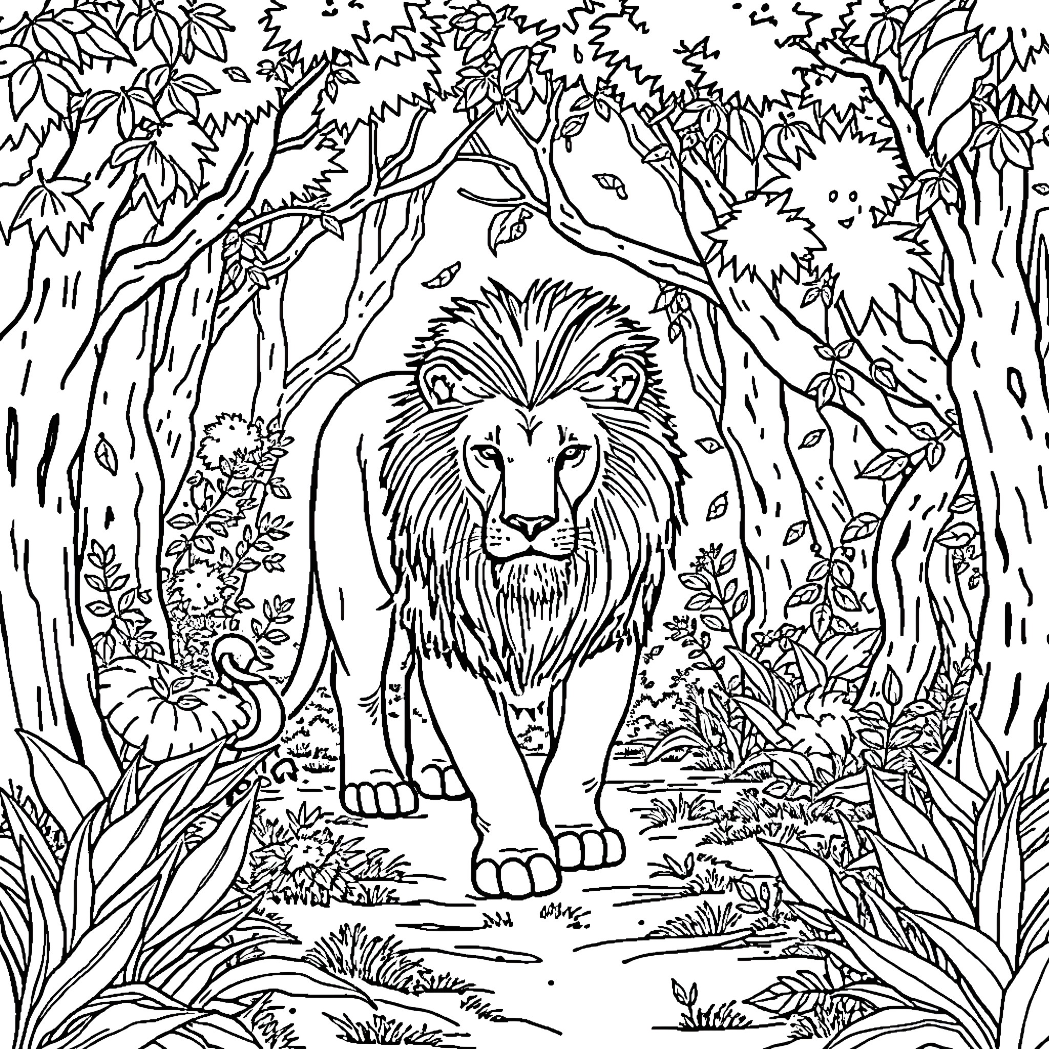 Lion roaming through the lush jungle Coloring Page (free black-and-white line drawing printable PDF for all, from beginners to advanced learners, including children, teens, adults, and seniors)