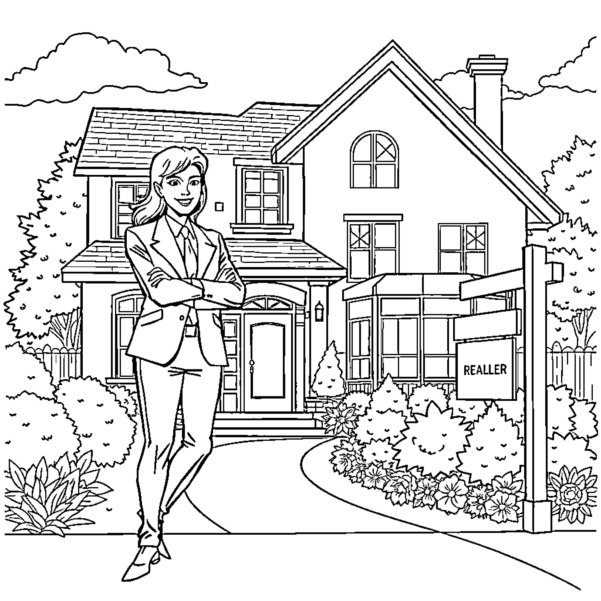 Realtor in front of residential house Coloring Page (free black-and-white line drawing printable PDF for all, from beginners to advanced learners, including children, teens, adults, and seniors)
