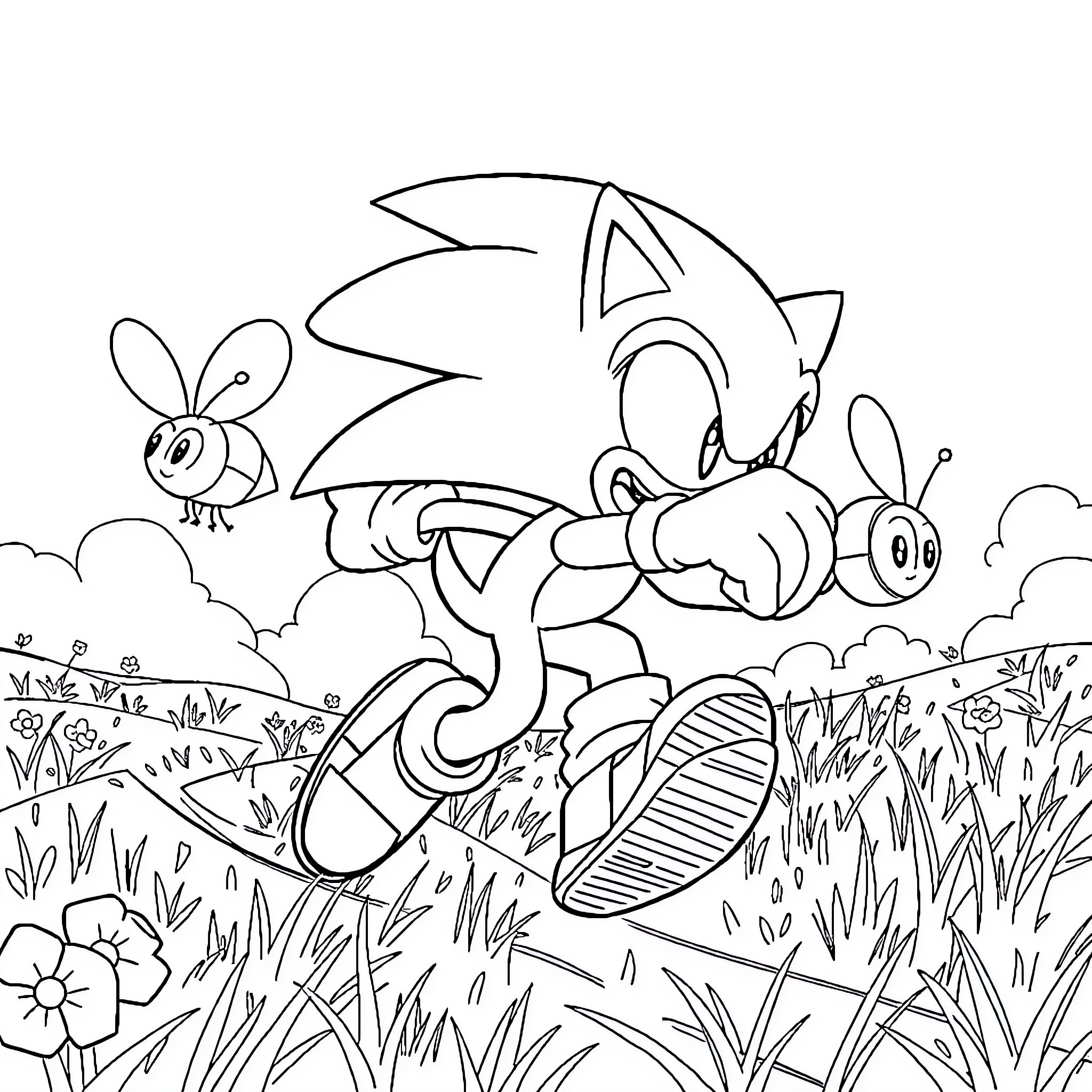Sonic racing playfully through a nature scene Coloring Page (free black-and-white line drawing printable PDF for all, from beginners to advanced learners, including children, teens, adults, and seniors)