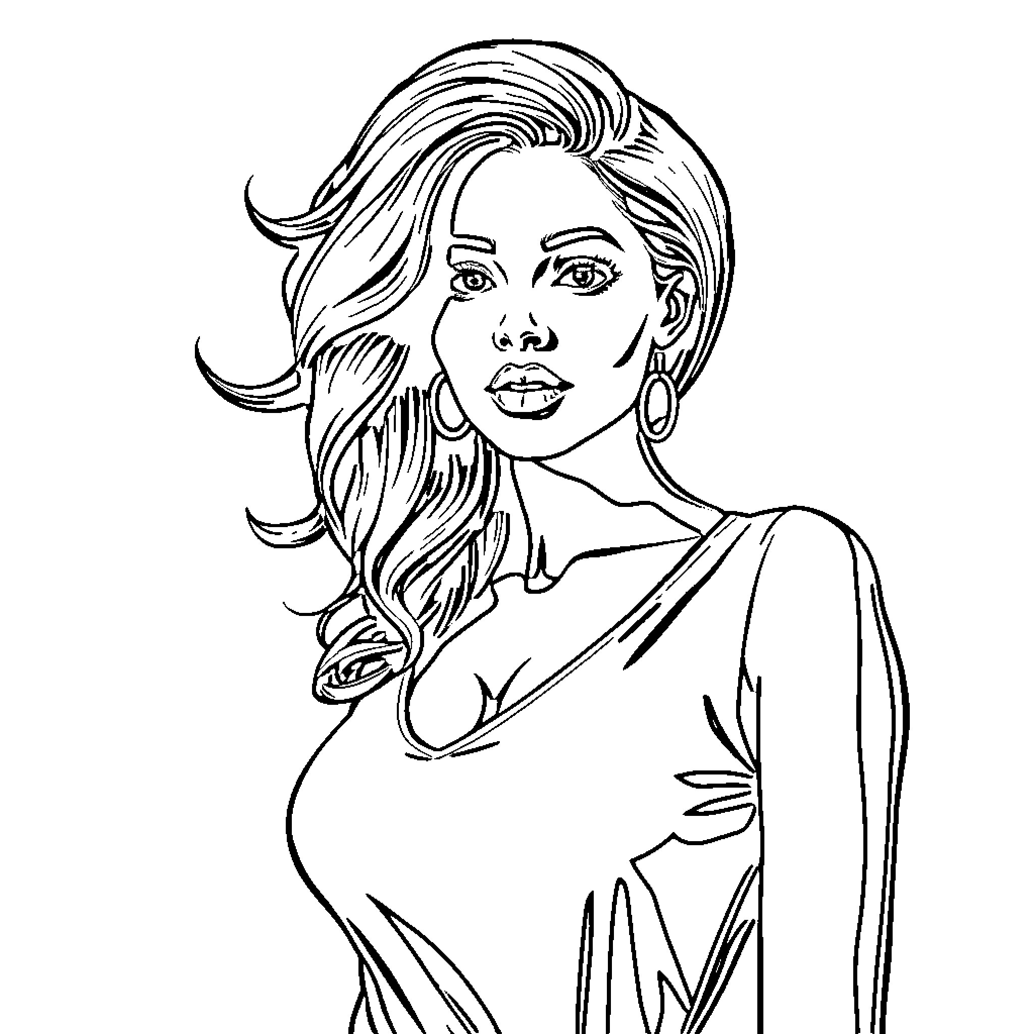 Woman with long wavy hair and alluring expression Coloring Page (free black-and-white line drawing printable PDF for all, from beginners to advanced learners, including children, teens, adults, and seniors)
