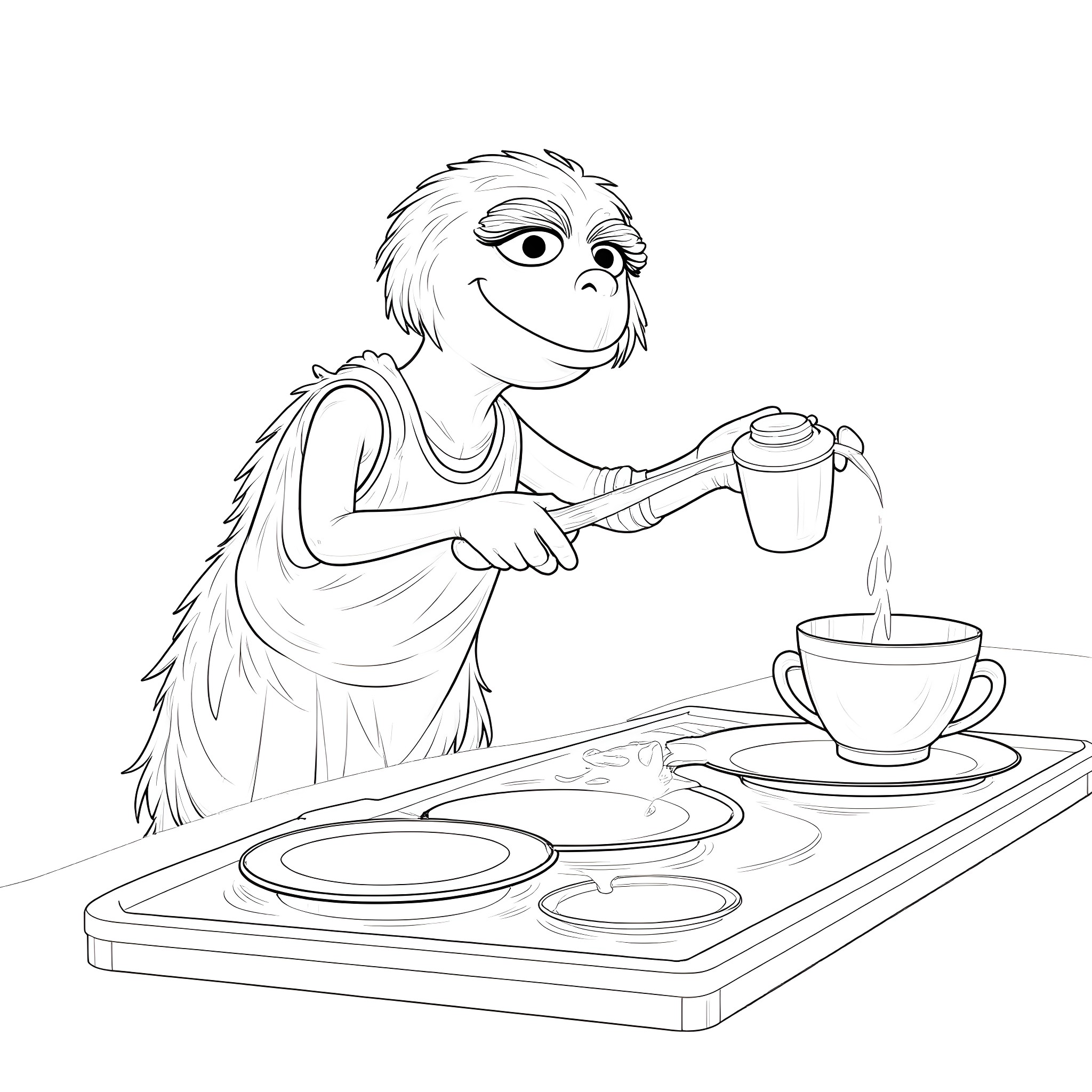 Oscar making coffee with coffee maker Coloring Page (free black-and-white line drawing printable PDF for all, from beginners to advanced learners, including children, teens, adults, and seniors)