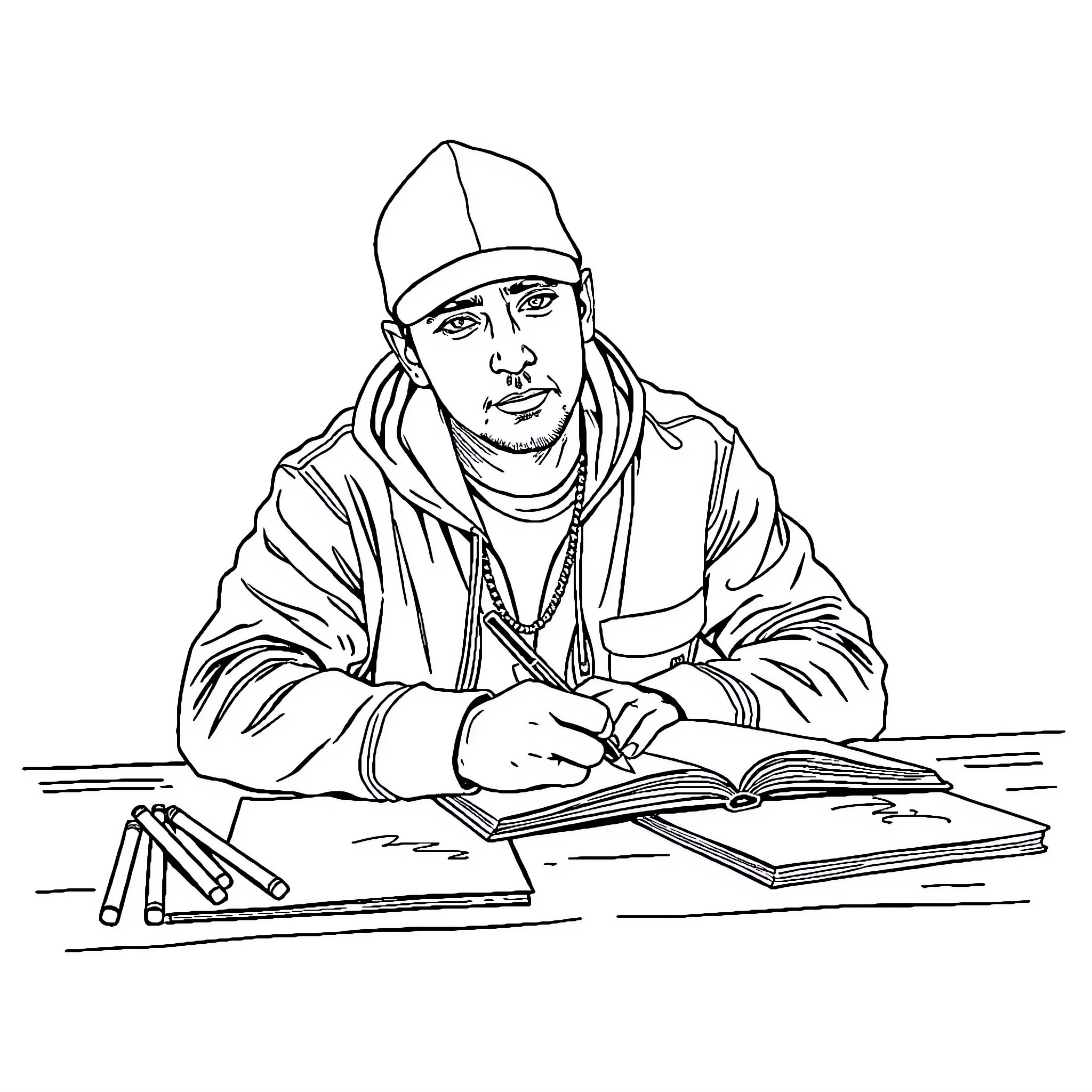 Eminem working diligently at his desk Coloring Page (free black-and-white line drawing printable PDF for all, from beginners to advanced learners, including children, teens, adults, and seniors)