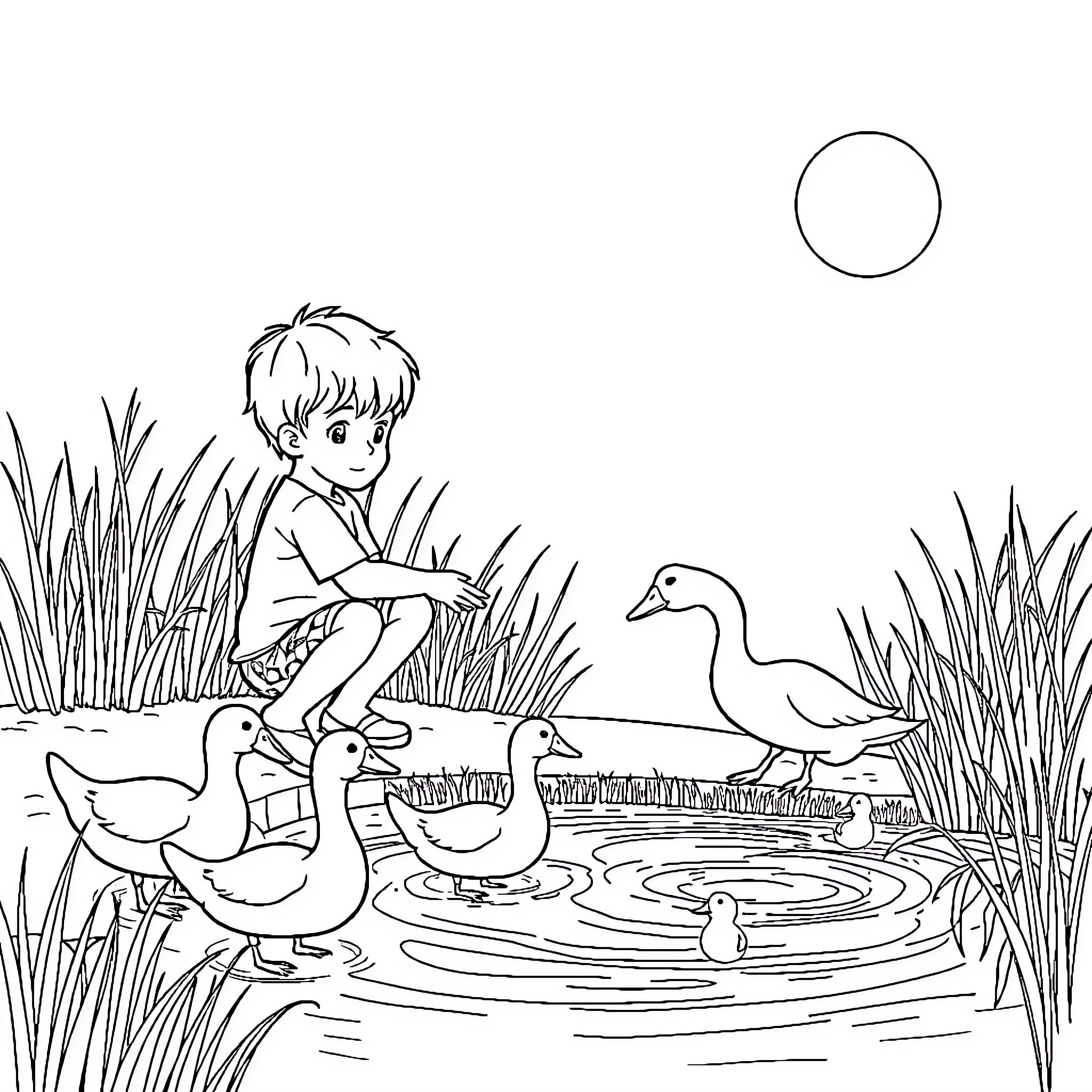 Boy playing with ducks in the pond Coloring Page (free black-and-white line drawing printable PDF for all, from beginners to advanced learners, including children, teens, adults, and seniors)
