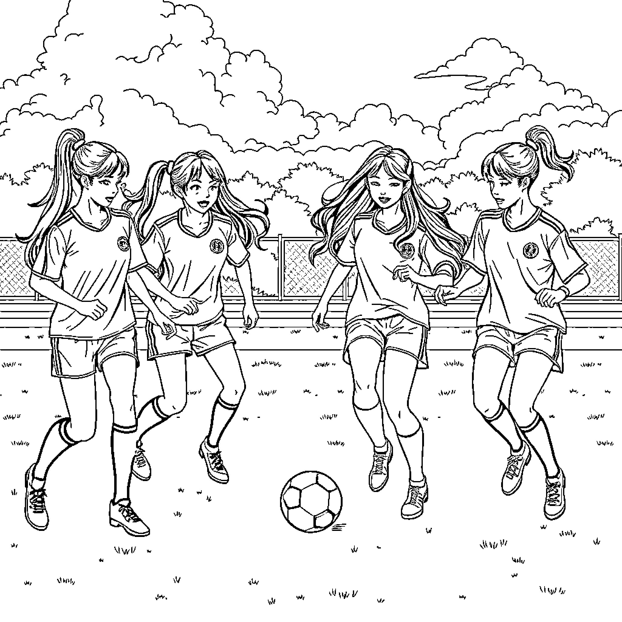 Zowy Girls Playing Soccer in the Park Coloring Page (free black-and-white line drawing printable PDF for all, from beginners to advanced learners, including children, teens, adults, and seniors)
