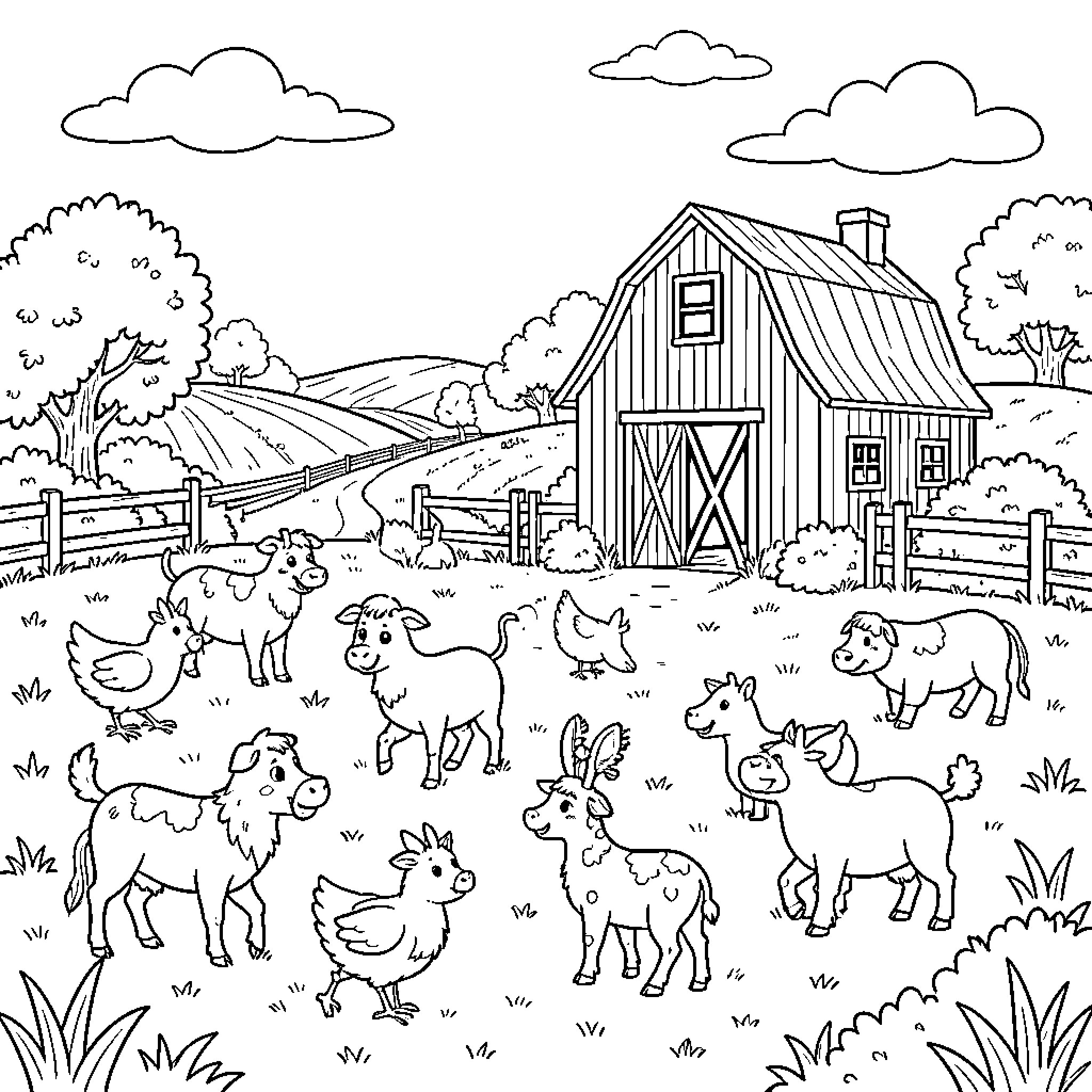 Farm animals gathering in front of a large barn Coloring Page (free black-and-white line drawing printable PDF for all, from beginners to advanced learners, including children, teens, adults, and seniors)