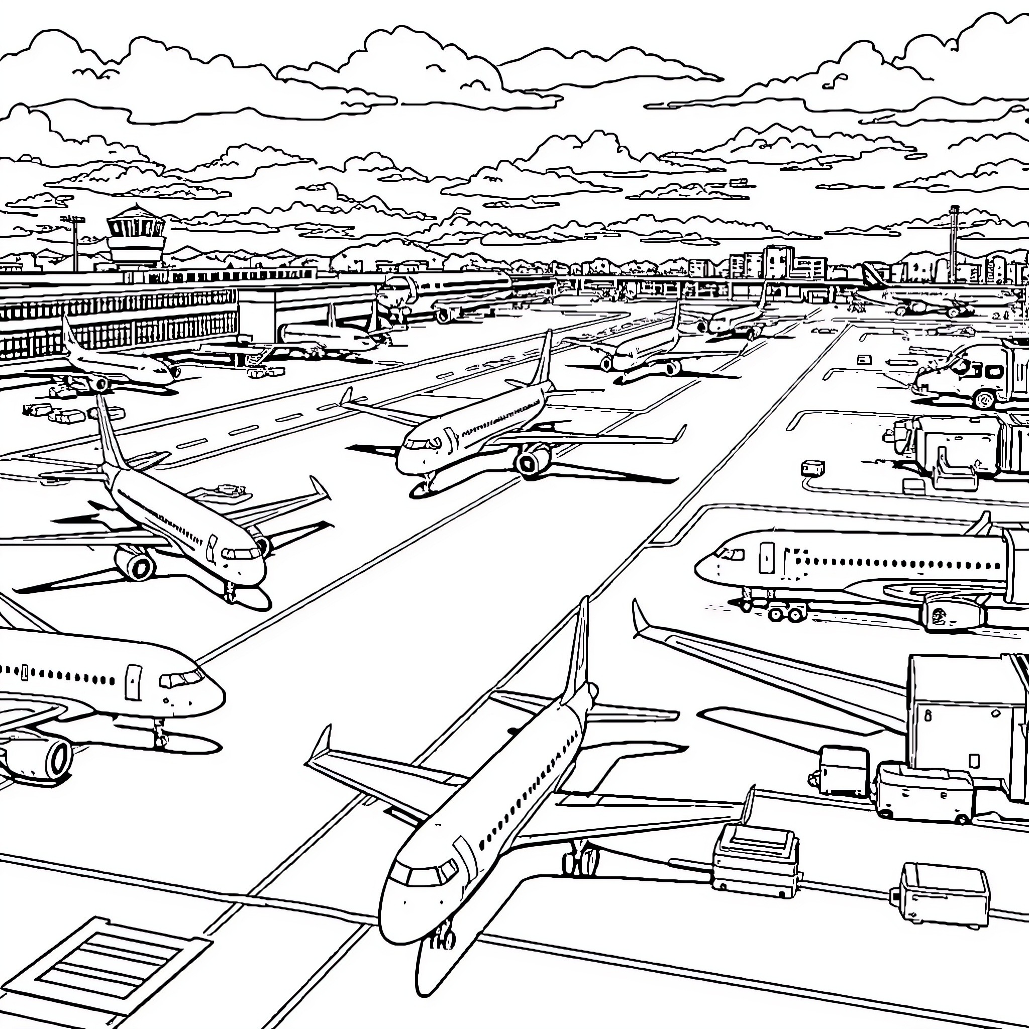 Plane Busy Airport Scene with Cloudy Skies Coloring Page (free black-and-white line drawing printable PDF for all, from beginners to advanced learners, including children, teens, adults, and seniors)