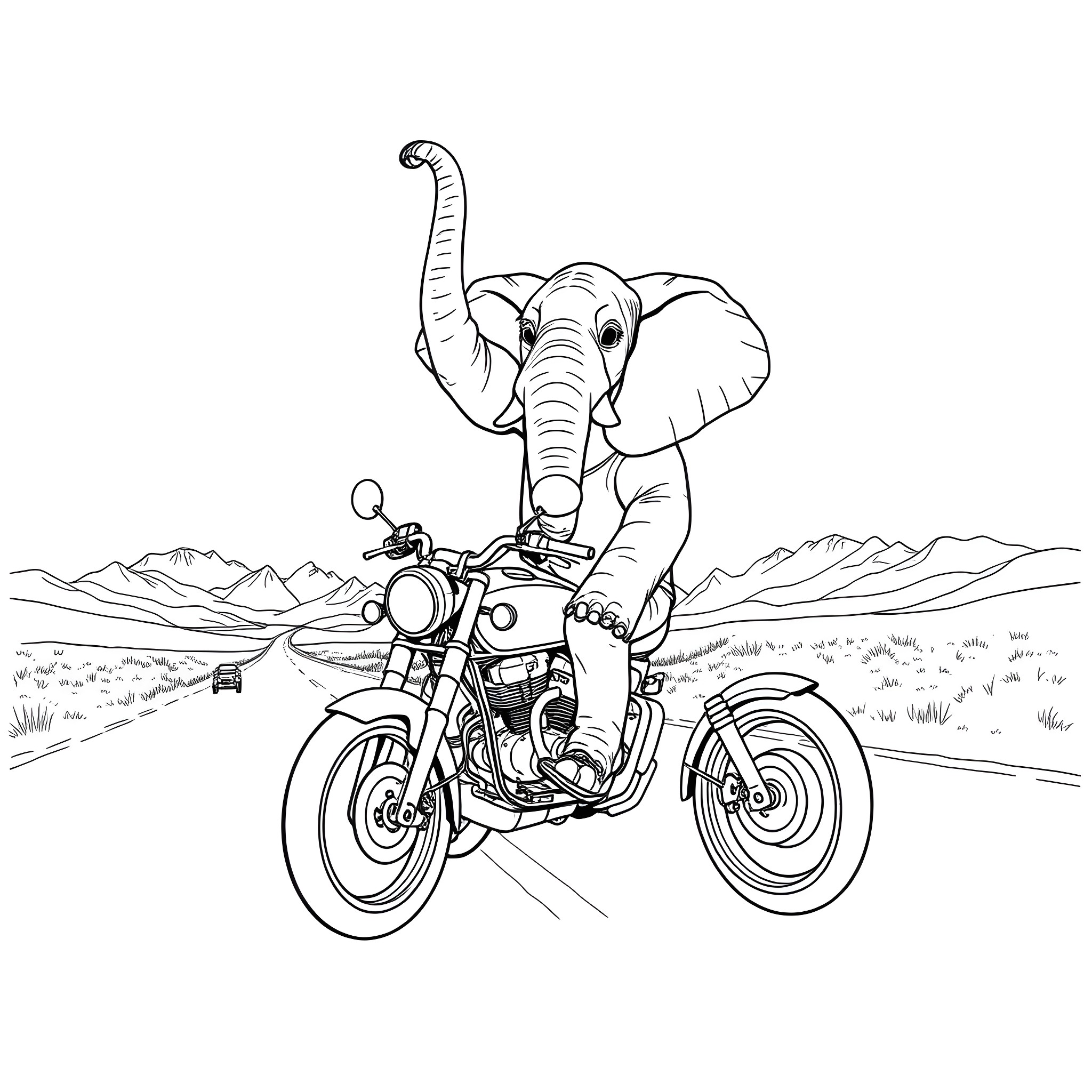 Elephant riding a motorcycle in the countryside Coloring Page (free black-and-white line drawing printable PDF for all, from beginners to advanced learners, including children, teens, adults, and seniors)