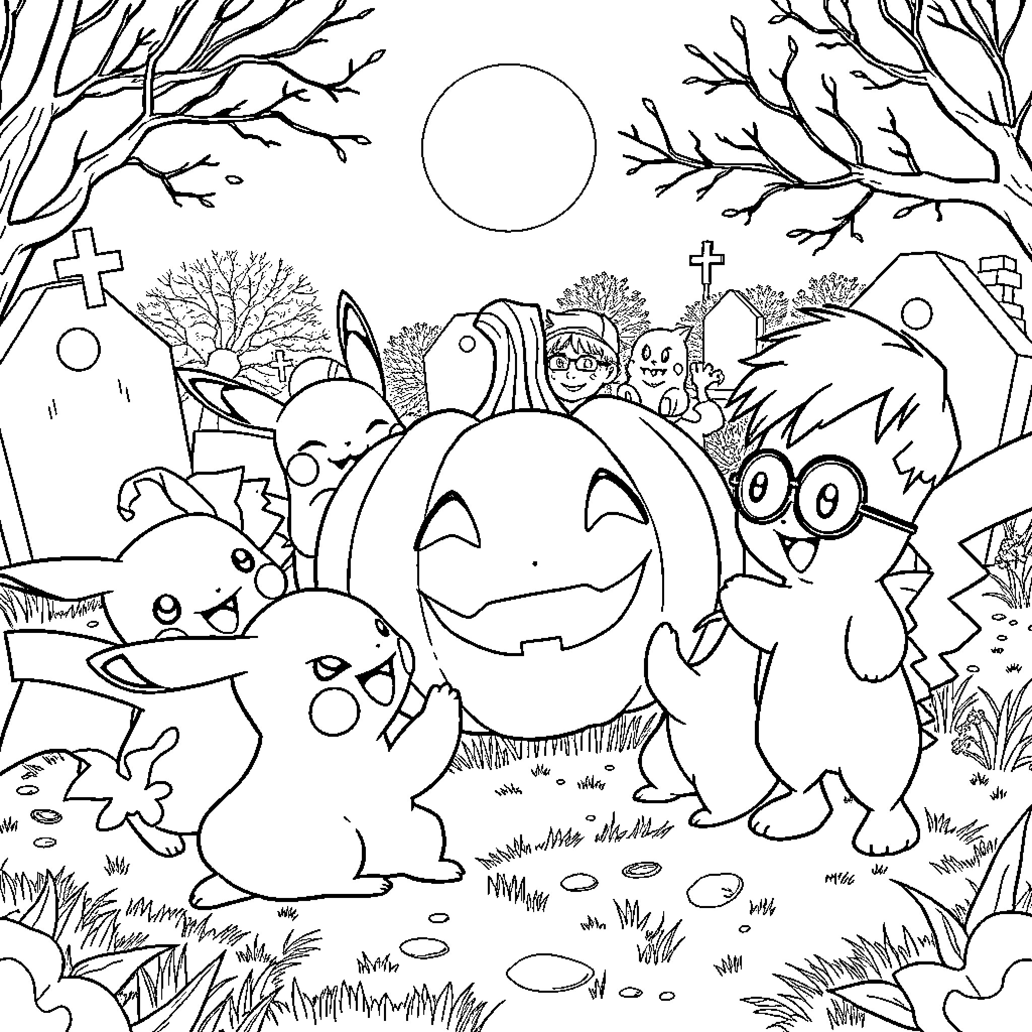 Pokémon Gathering in Spooky Graveyard Coloring Page (free black-and-white line drawing printable PDF for all, from beginners to advanced learners, including children, teens, adults, and seniors)
