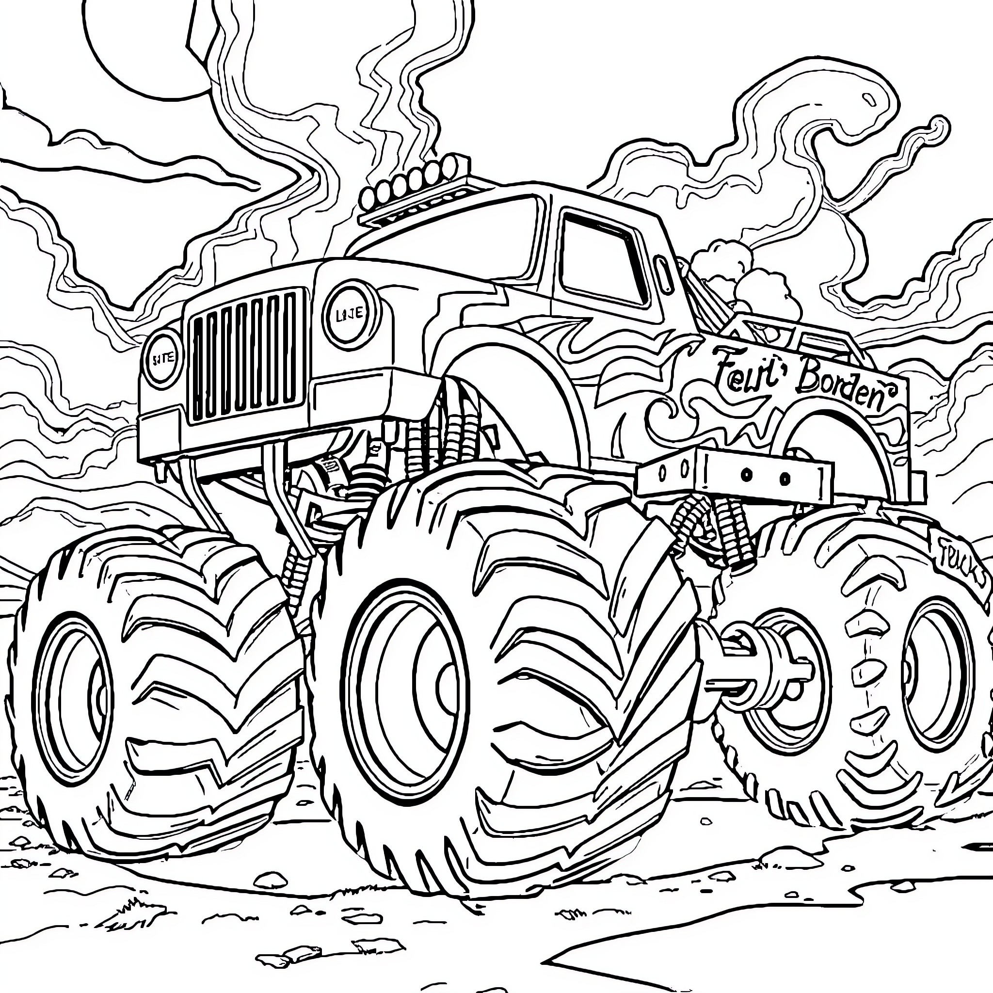 Lizzie Borden's Monster Truck Adventure Coloring Page (free black-and-white line drawing printable PDF for all, from beginners to advanced learners, including children, teens, adults, and seniors)