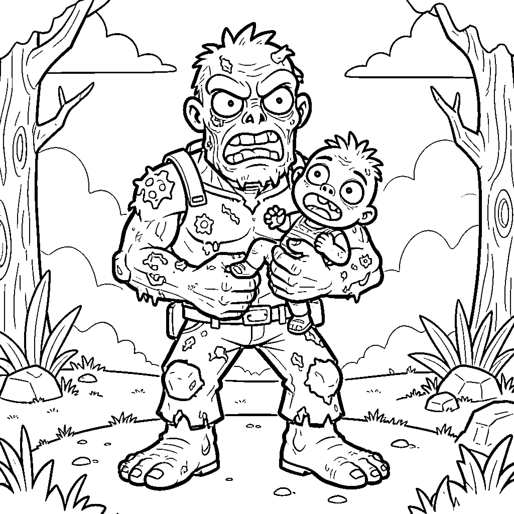 Zombie father and son in the wilderness Coloring Page (free black-and-white line drawing printable PDF for all, from beginners to advanced learners, including children, teens, adults, and seniors)