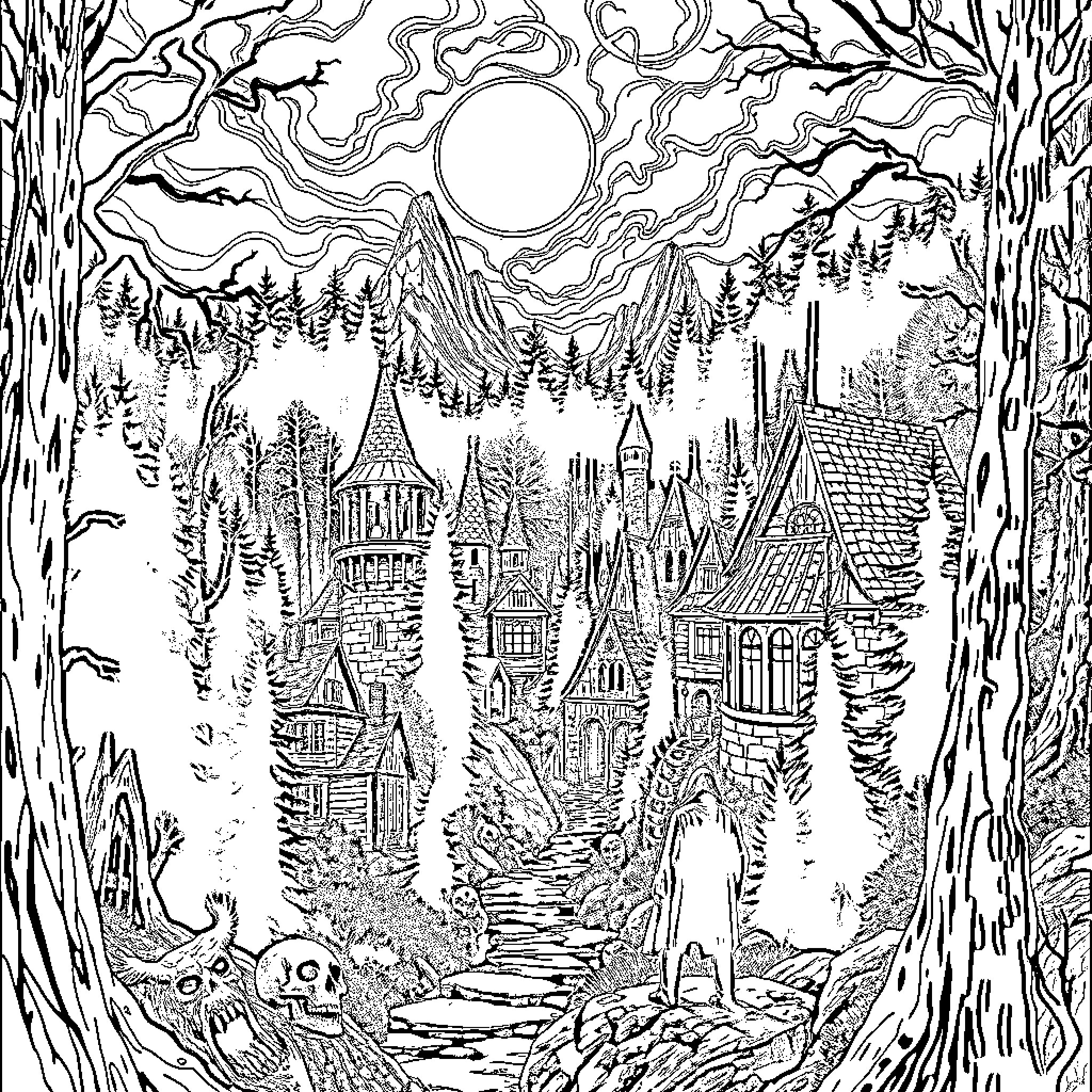 Stephen King's Enchanted Fantasy Landscape Coloring Page (free black-and-white line drawing printable PDF for all, from beginners to advanced learners, including children, teens, adults, and seniors)