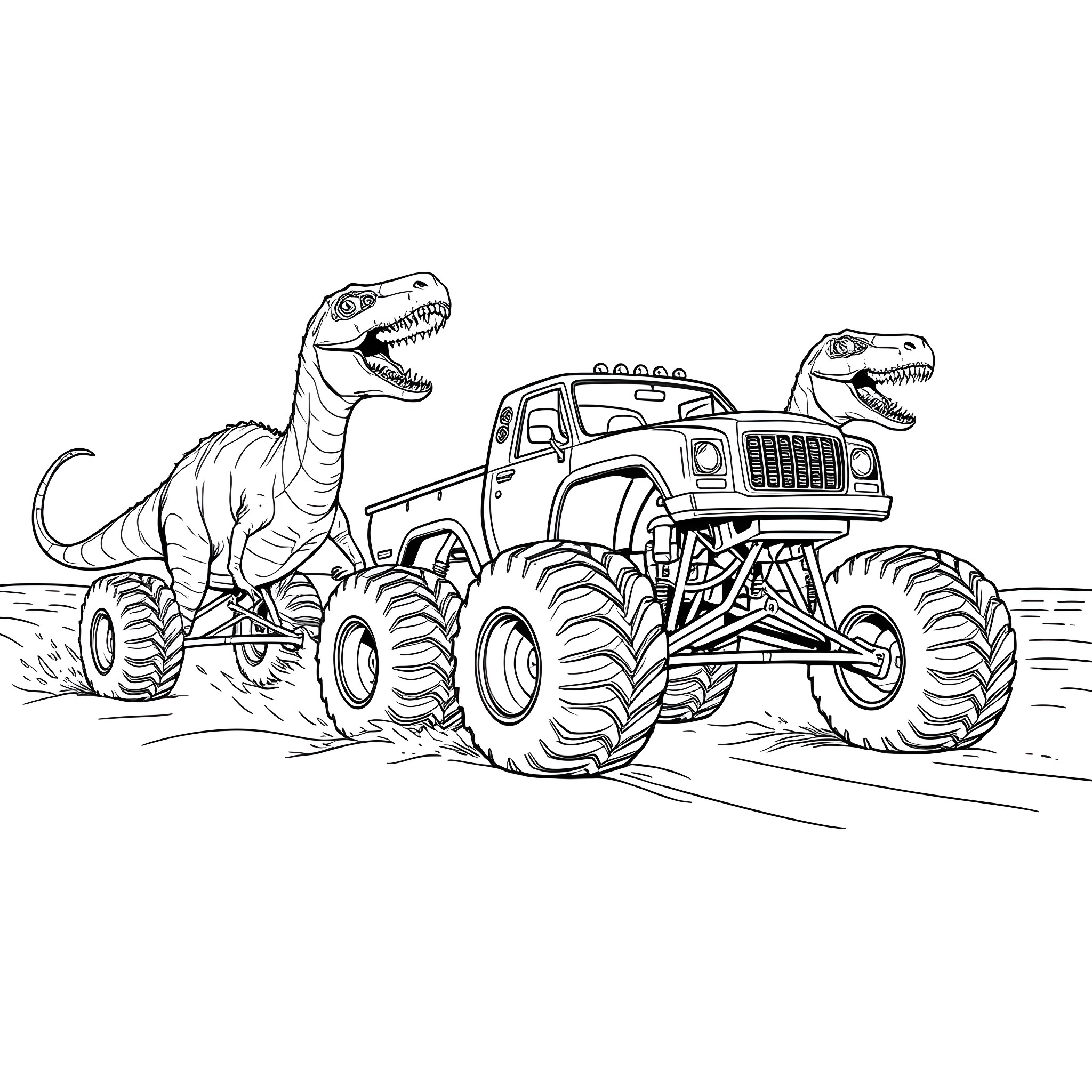Monster Truck Crushing Dinosaurs on the Dirt Track Coloring Page (free black-and-white line drawing printable PDF for all, from beginners to advanced learners, including children, teens, adults, and seniors)